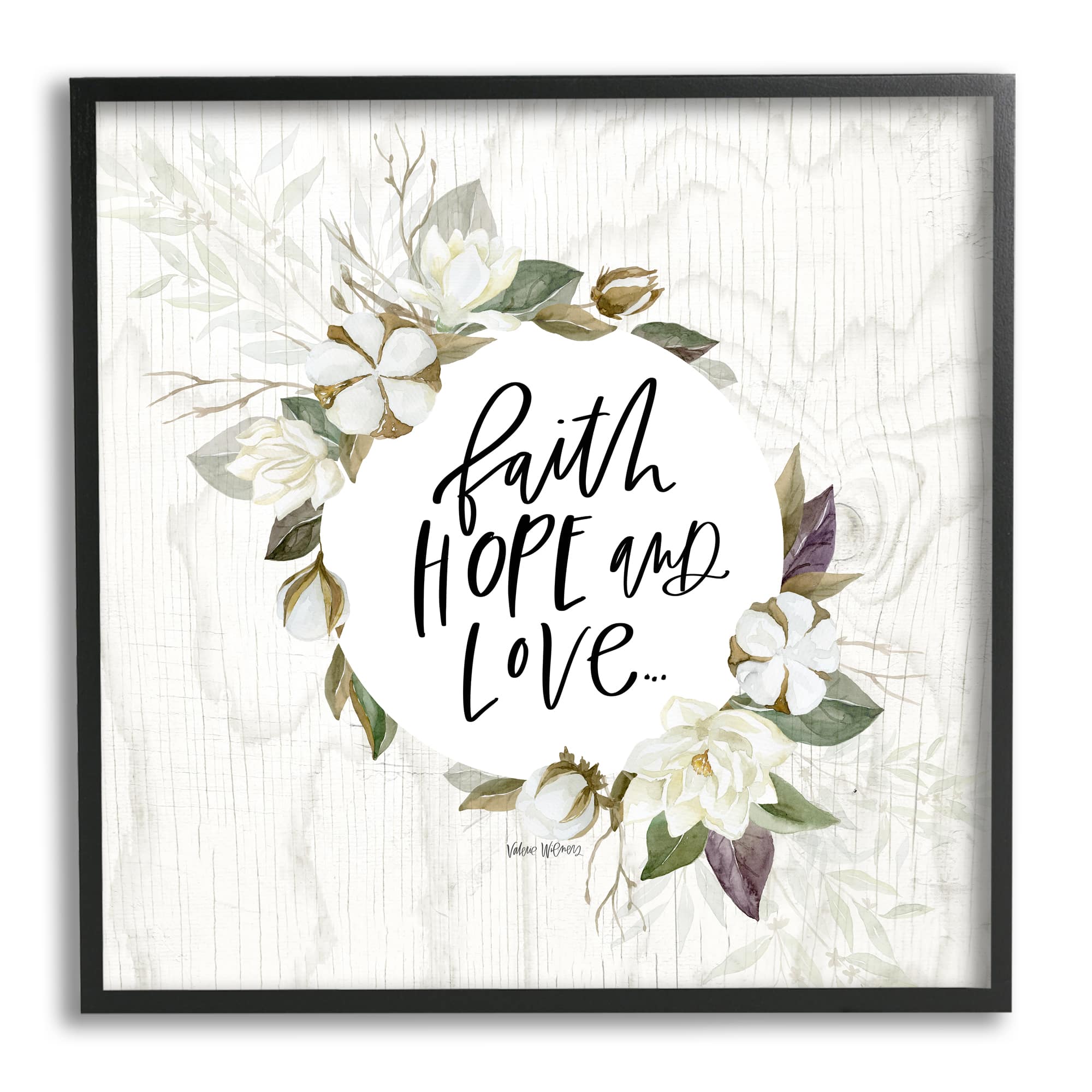Stupell Industries Faith Hope and Love Sentiment Floral Cotton Wreath Framed Wall Art