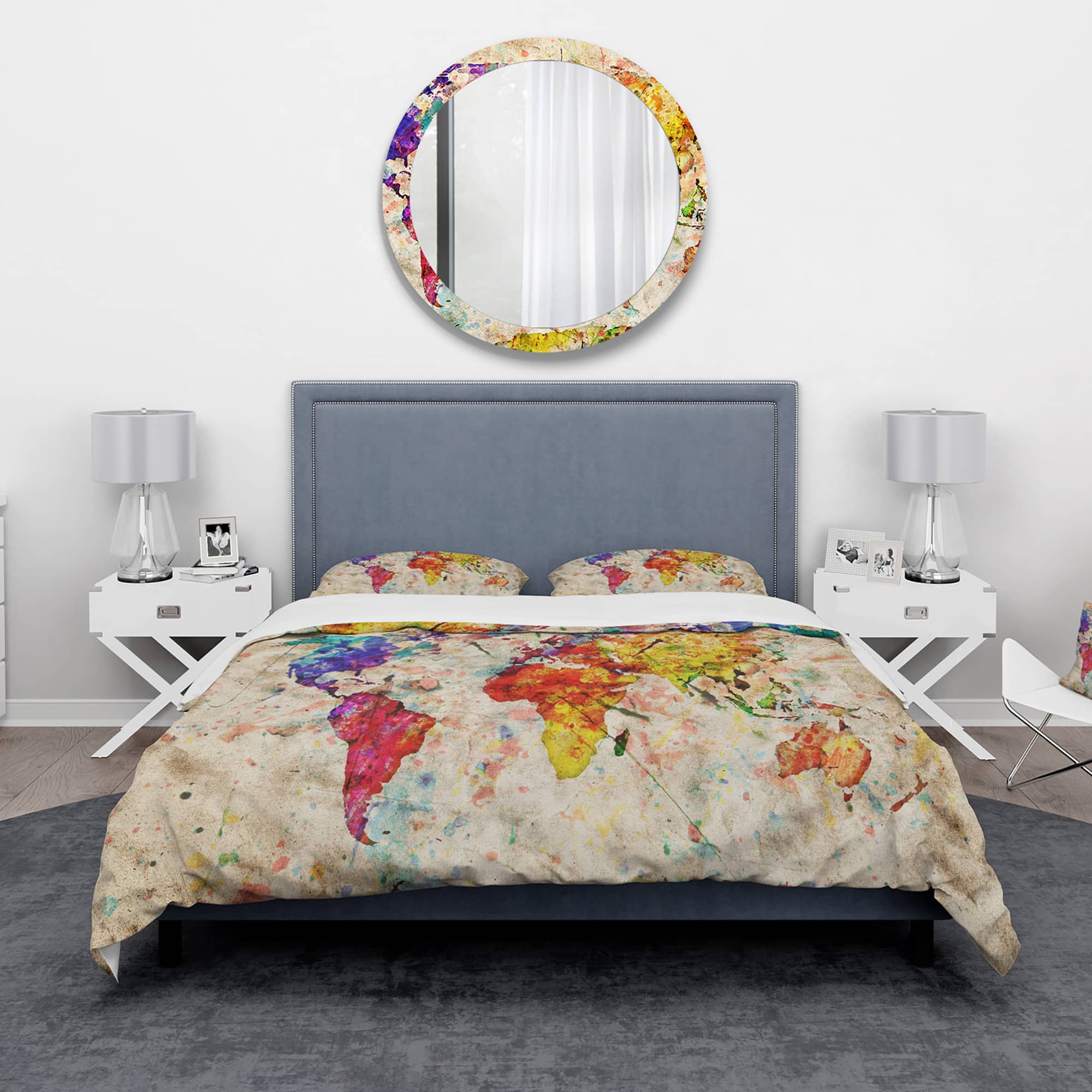 Designart &#x27;Vintage World Map Watercolor&#x27; Large Map Bedding Set - Duvet Cover &#x26; Shams