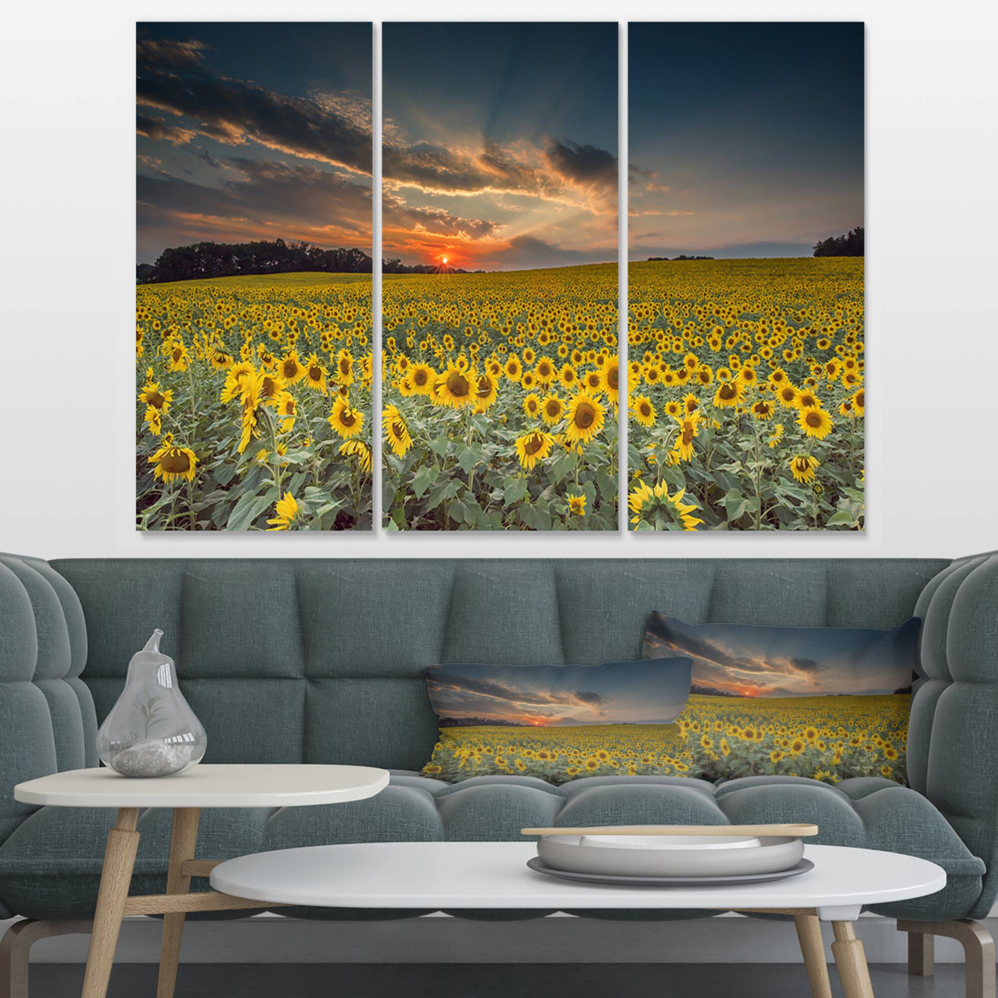 Designart - Sunflower Sunset with Cloudy Sky - Large Landscape Canvas Art