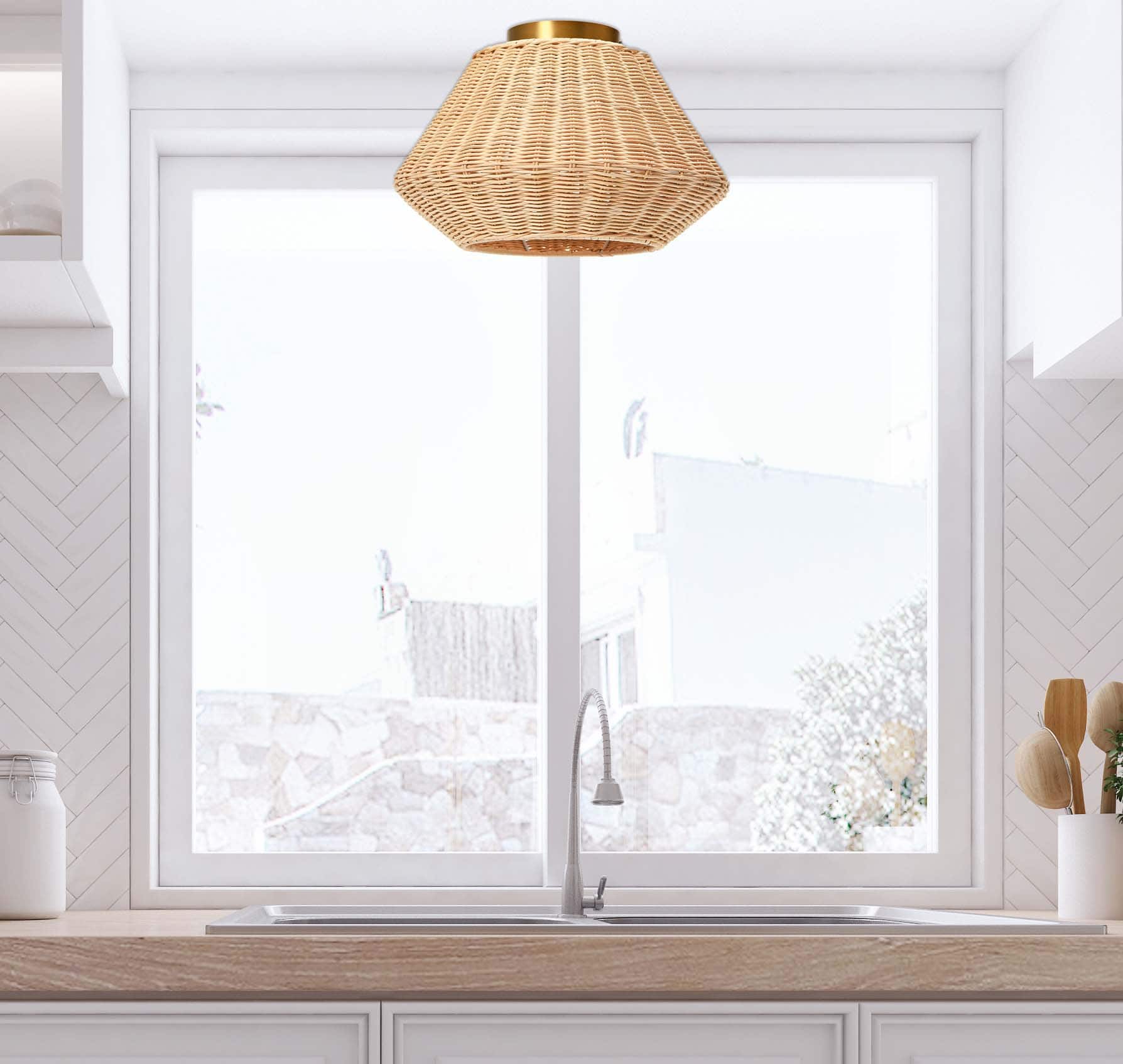 Hello Honey® 13.8" Coastal Ceiling Lamp with Rattan Shade and Iron Base