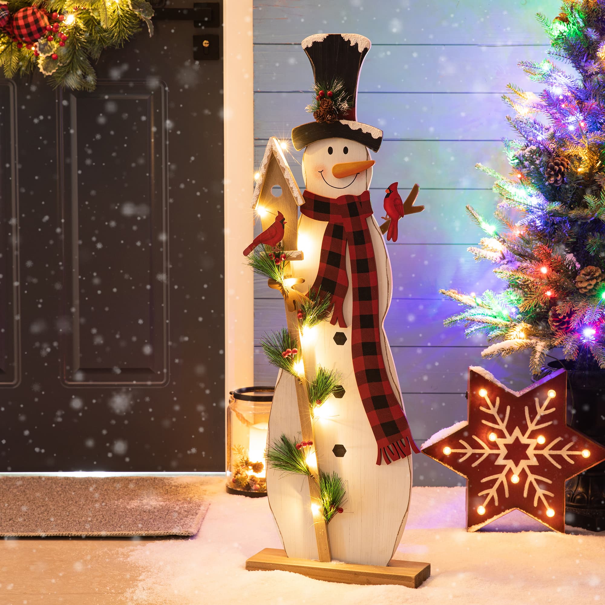 Glitzhome&#xAE; 36&#x27;&#x27; Lighted Wooden Snowman Porch D&#xE9;cor