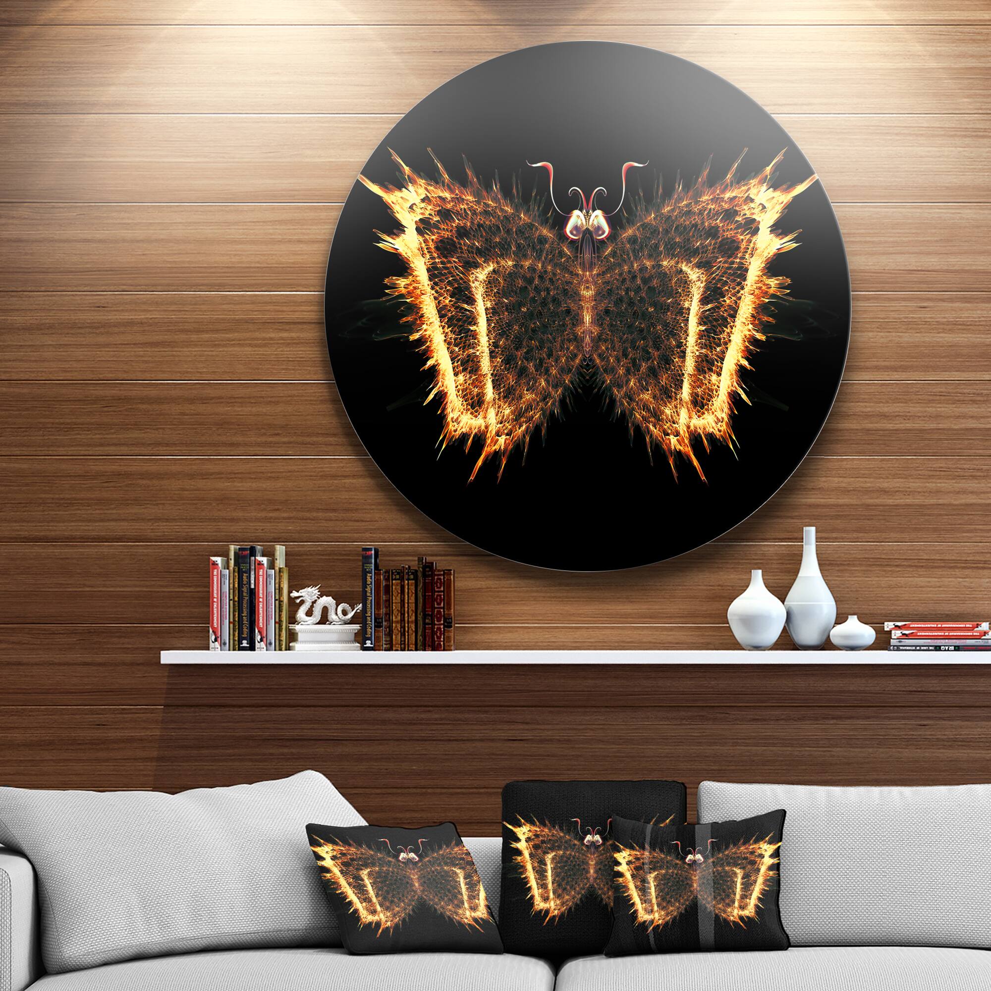 Designart - Fire Fractal Butterfly in Dark&#x27; Abstract Circle Metal Wall Art
