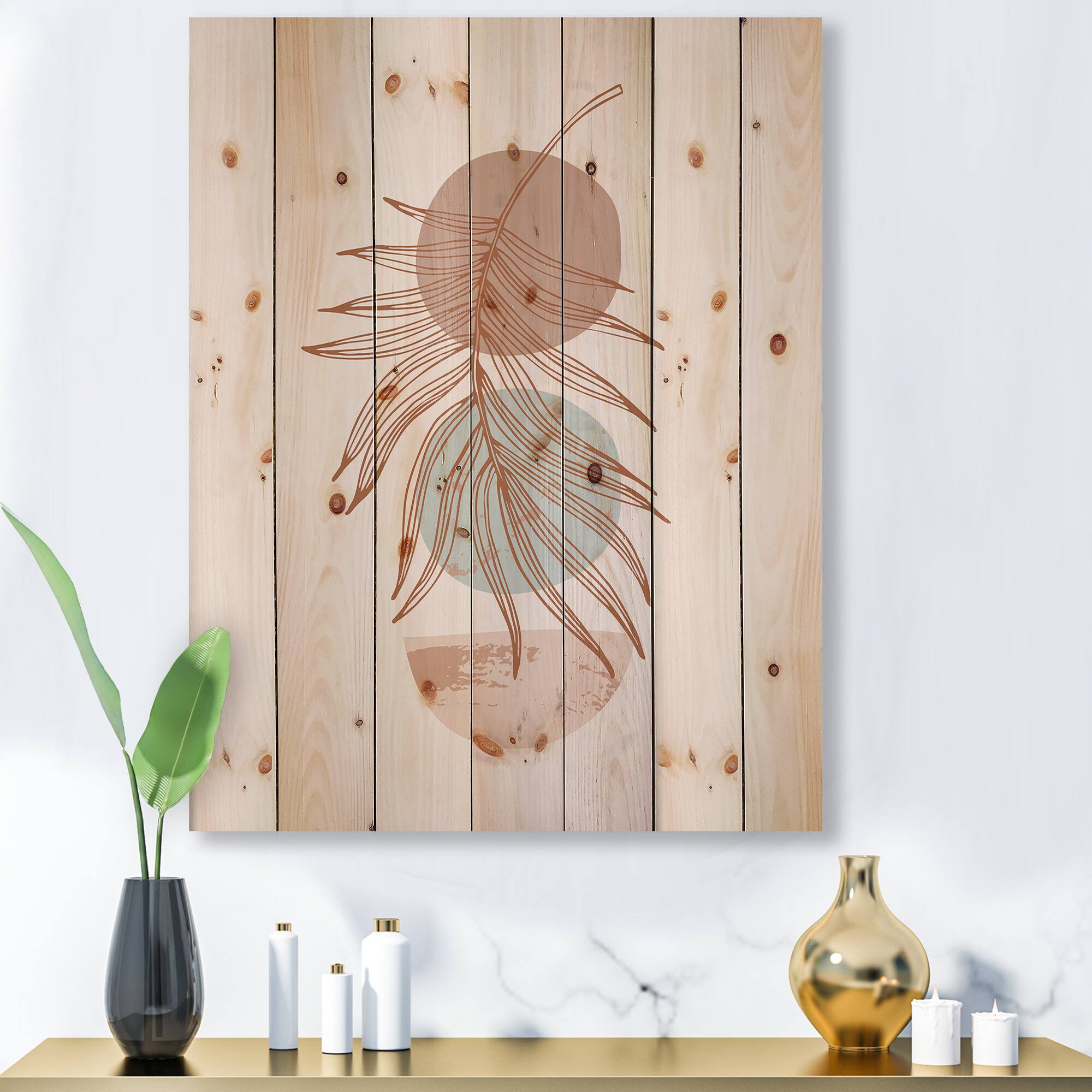 Designart - Moon &#x26; Sun Shapes In Retro Terracotta Tones II - Modern Print on Natural Pine Wood