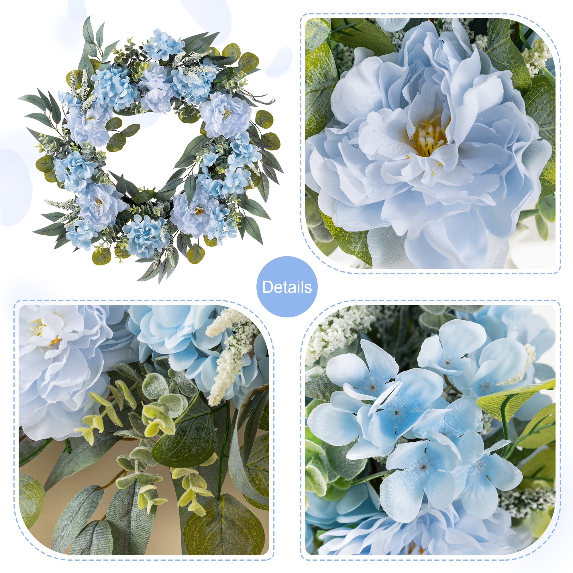 Glitzhome® 24" Blue Peony & Hydrangea Floral Wreath with Black Metal Hanger