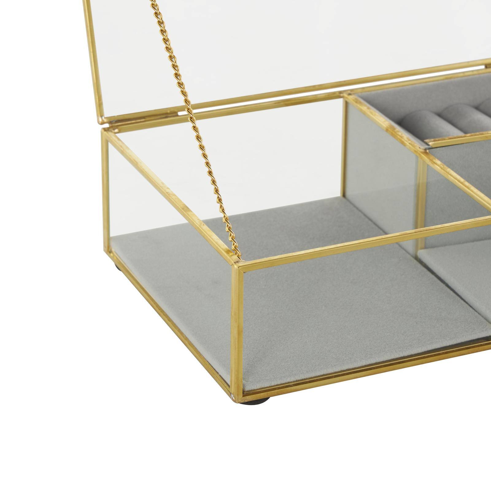 9" x 6" x 3" Clear & Gold Glass & Metal Jewelry Box with Chain Accent & Fabric Ring Slots