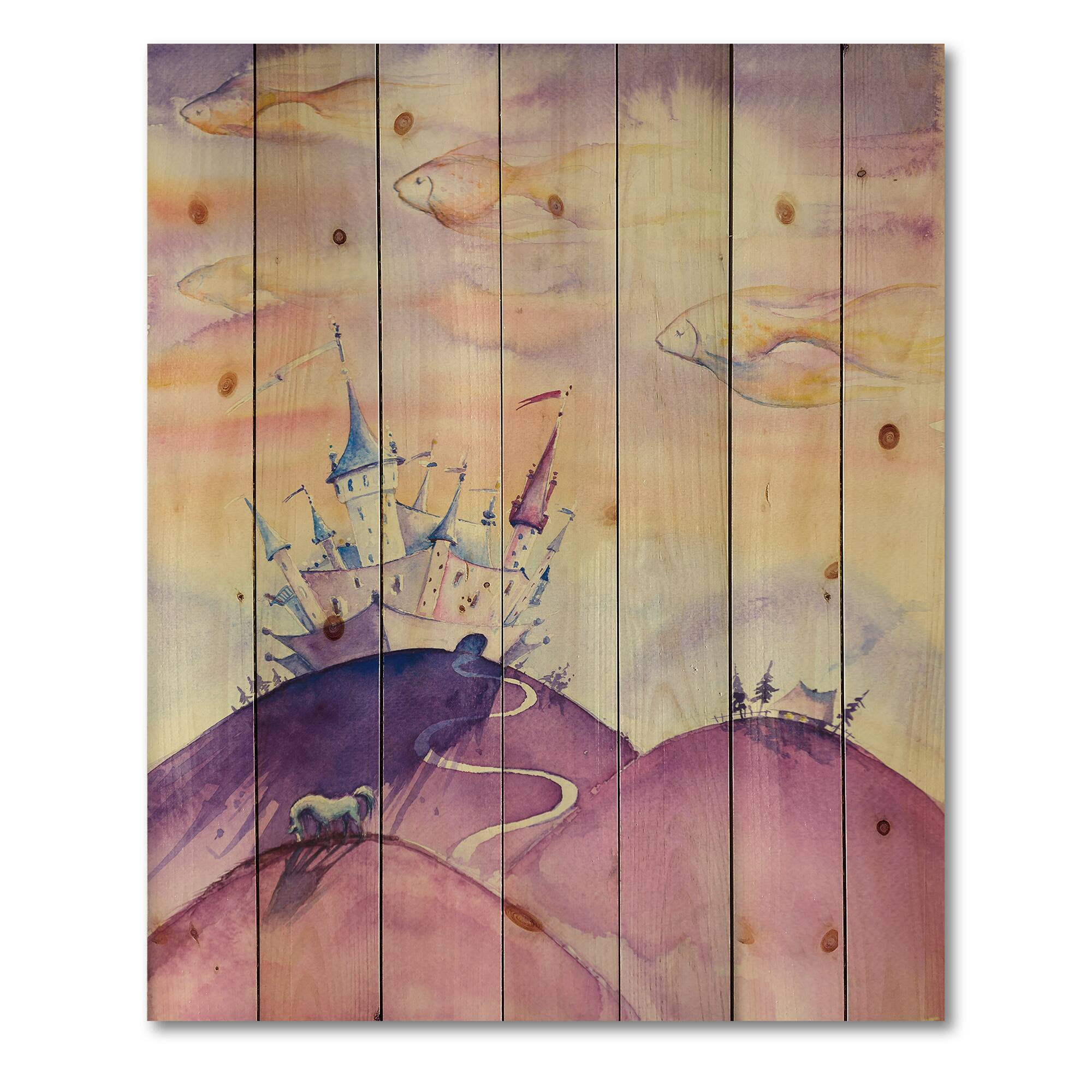 Designart - Fairy Tale Kingdom On Purple Mountain Top - Children&#x27;s Art Print on Natural Pine Wood