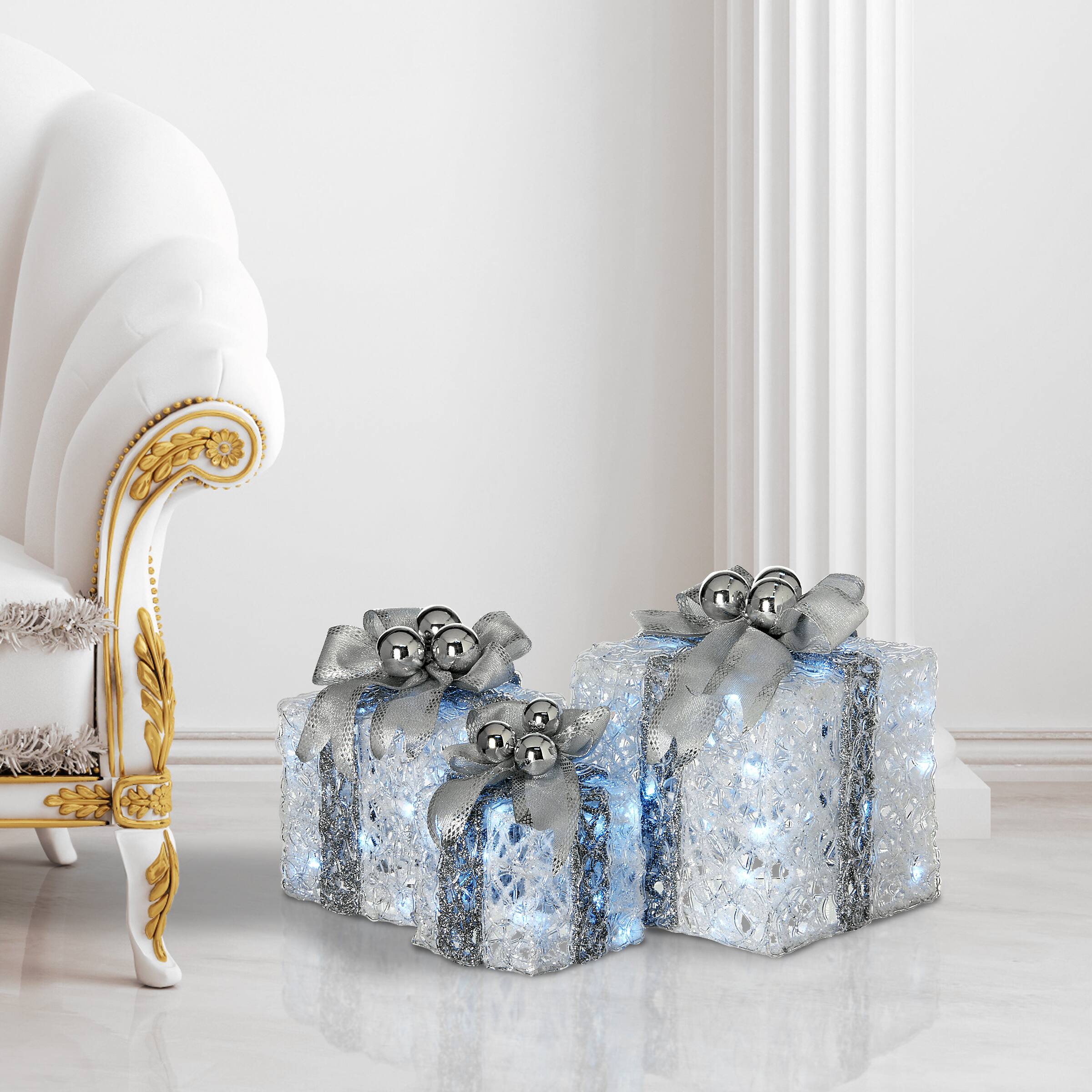 Glittered Silver &#x26; White Gift Box Set with White Twinkle LED Lights