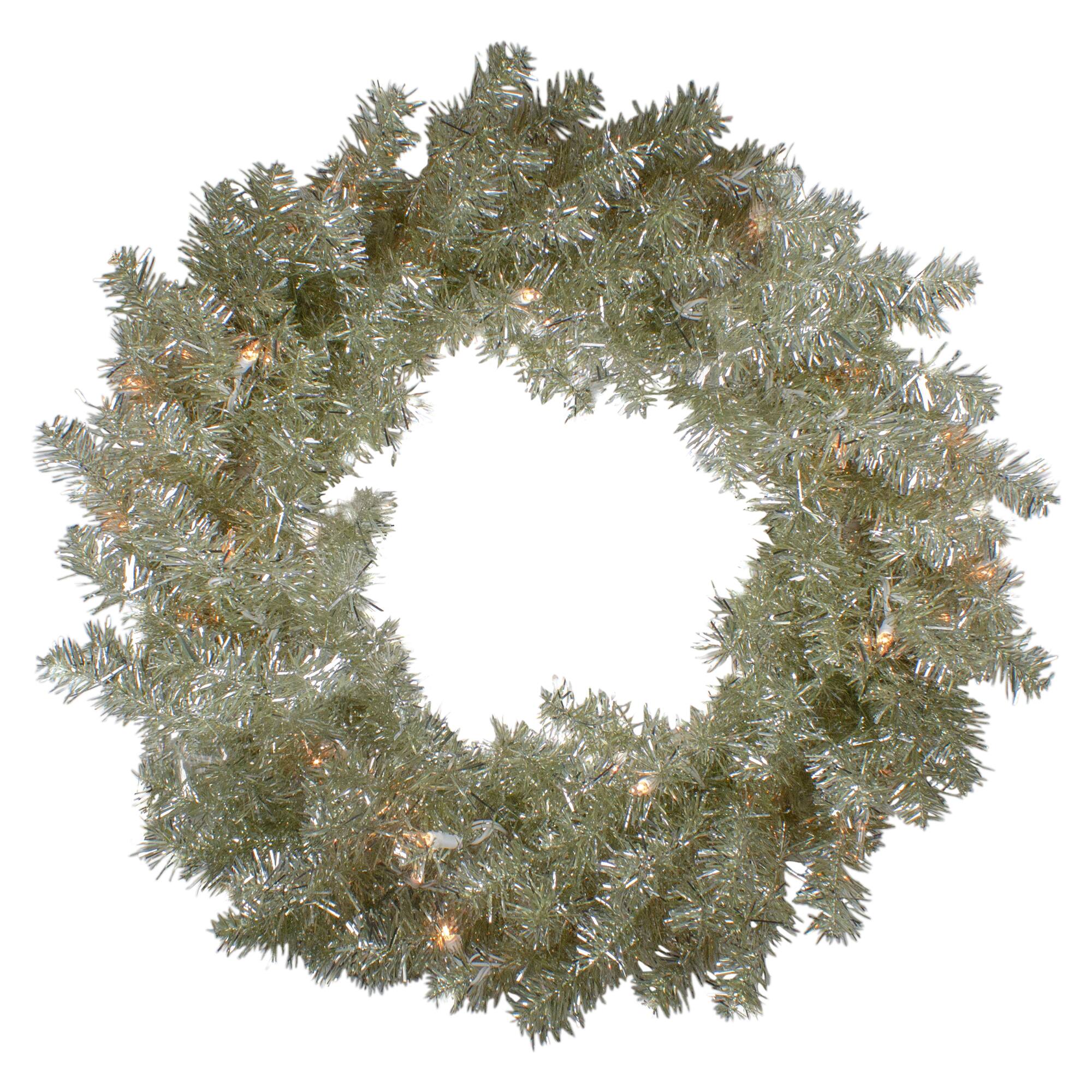 24&#x22; Pre-Lit Champagne Artificial Tinsel Christmas Wreath