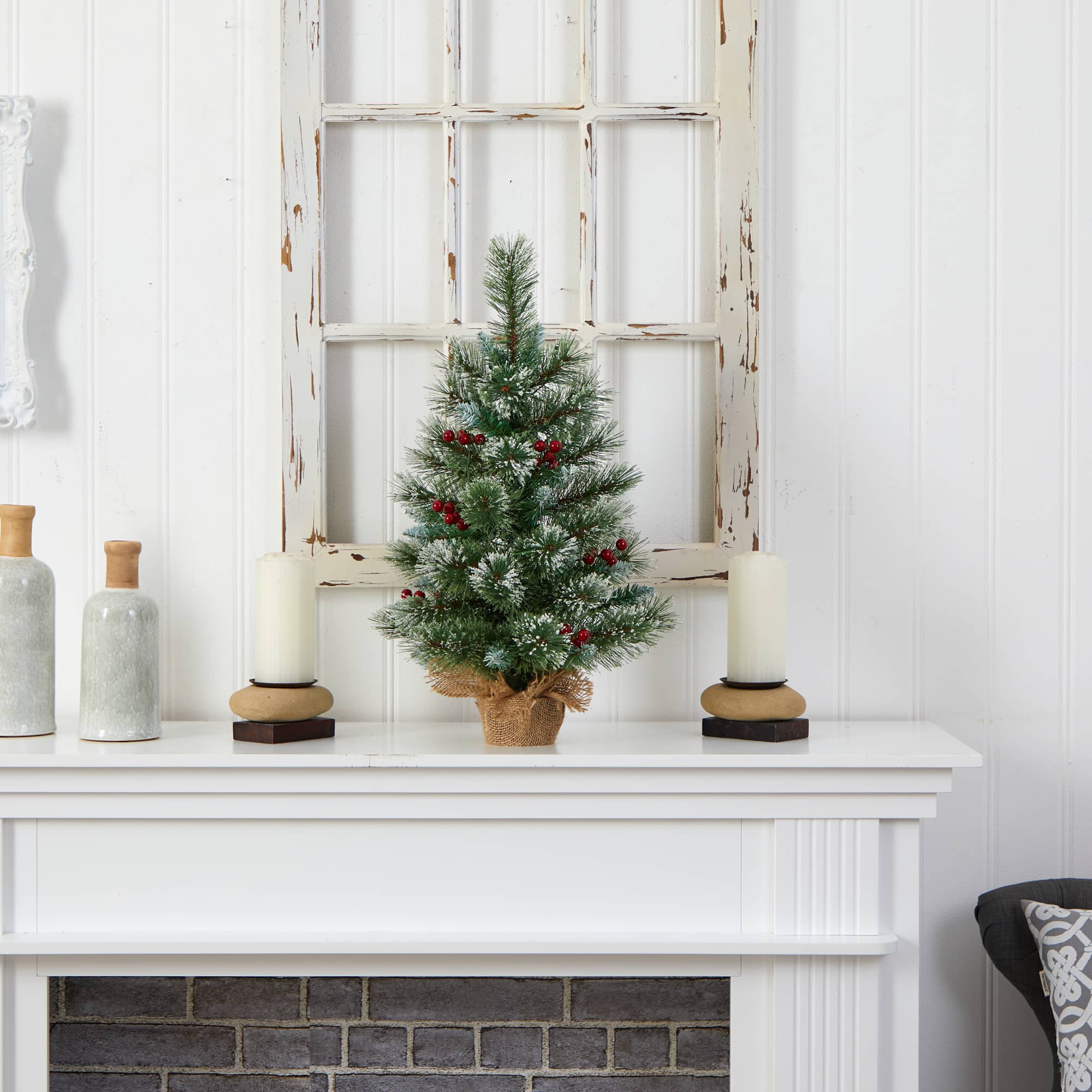 2ft. Pre-Lit Flocked Pine &#x26; Berry Artificial Christmas Tree in Burlap Base, Warm White LED Lights