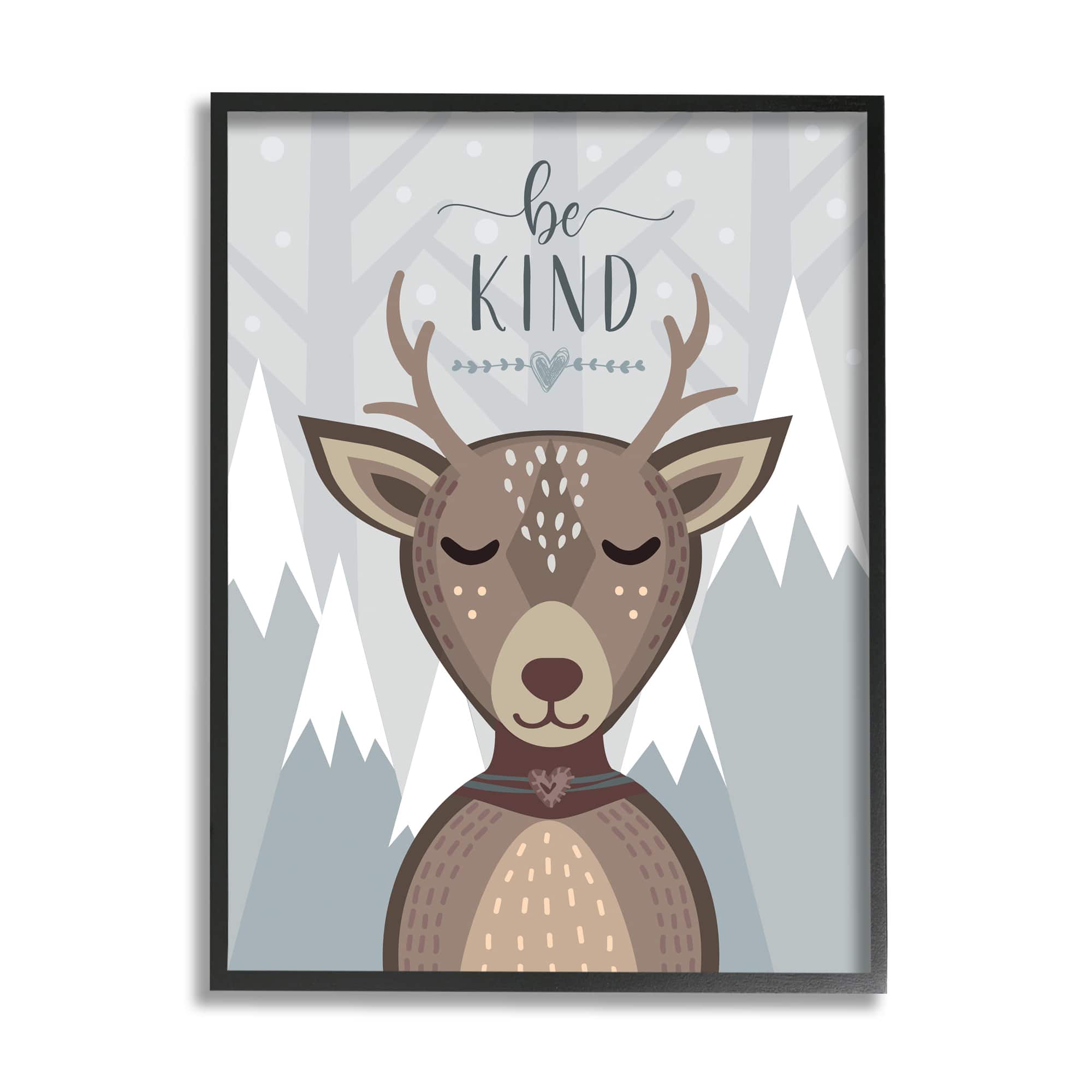 Stupell Industries Snowy Mountains Cartoon Deer Be Kind Sentiment Framed Wall Art