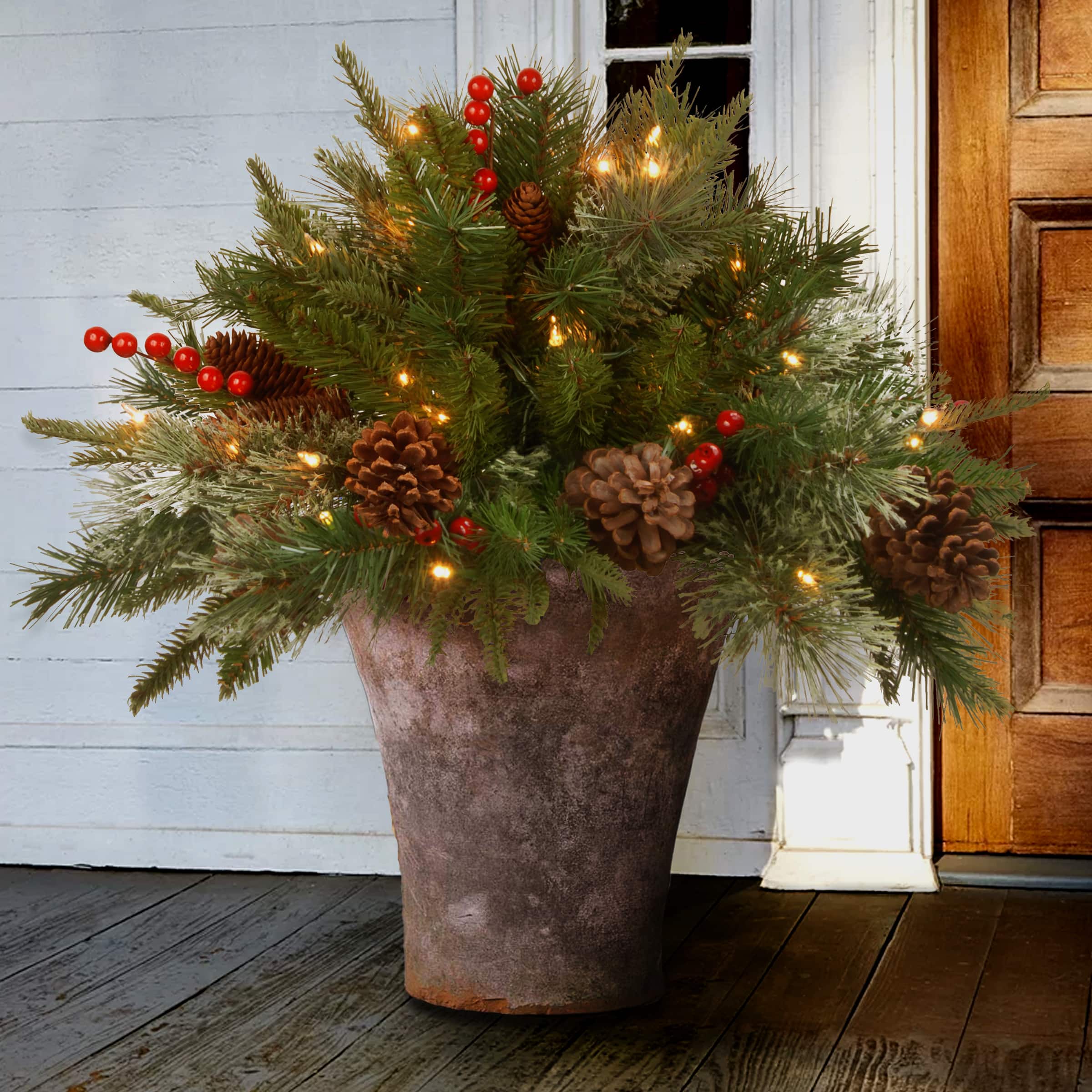 18&#x22; Pre-lit Feel Real&#xAE; Colonial Artificial Christmas Urn Filler with Cones, Red Berries &#x26; Tripod Stake &#x26; Warm White LED Lights