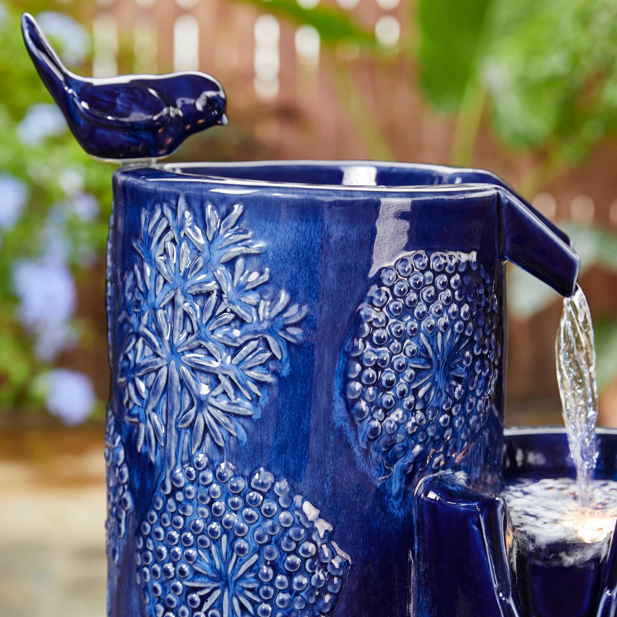 Glitzhome® 31.75" Cobalt Blue 4-Tier Dandelion Texture Vase-Shaped Ceramic Outdoor Fountain with LED Light