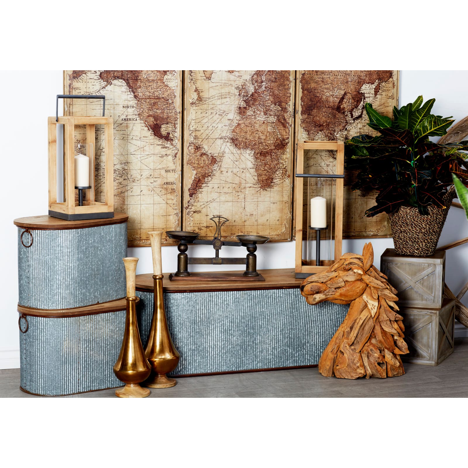 Set of 3 Brown Metal Farmhouse Storage Bench, 23", 48"