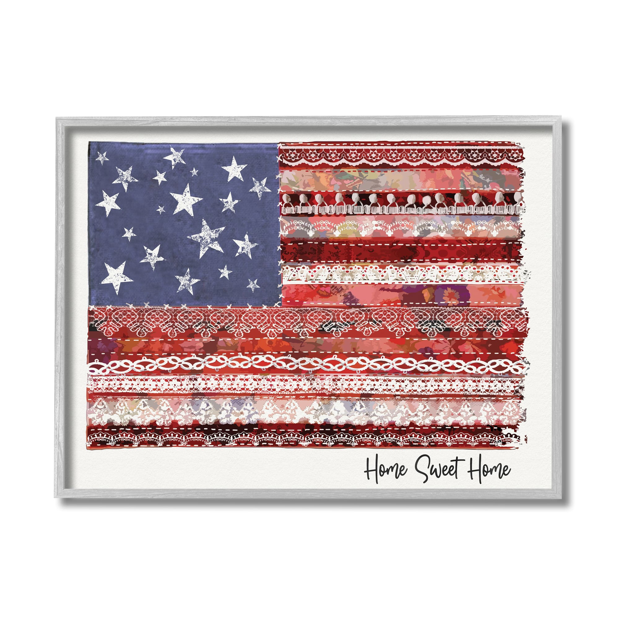 Stupell Industries Home Sweet Home Phrase Lace Pattern American Flag in Gray Frame Wall Art