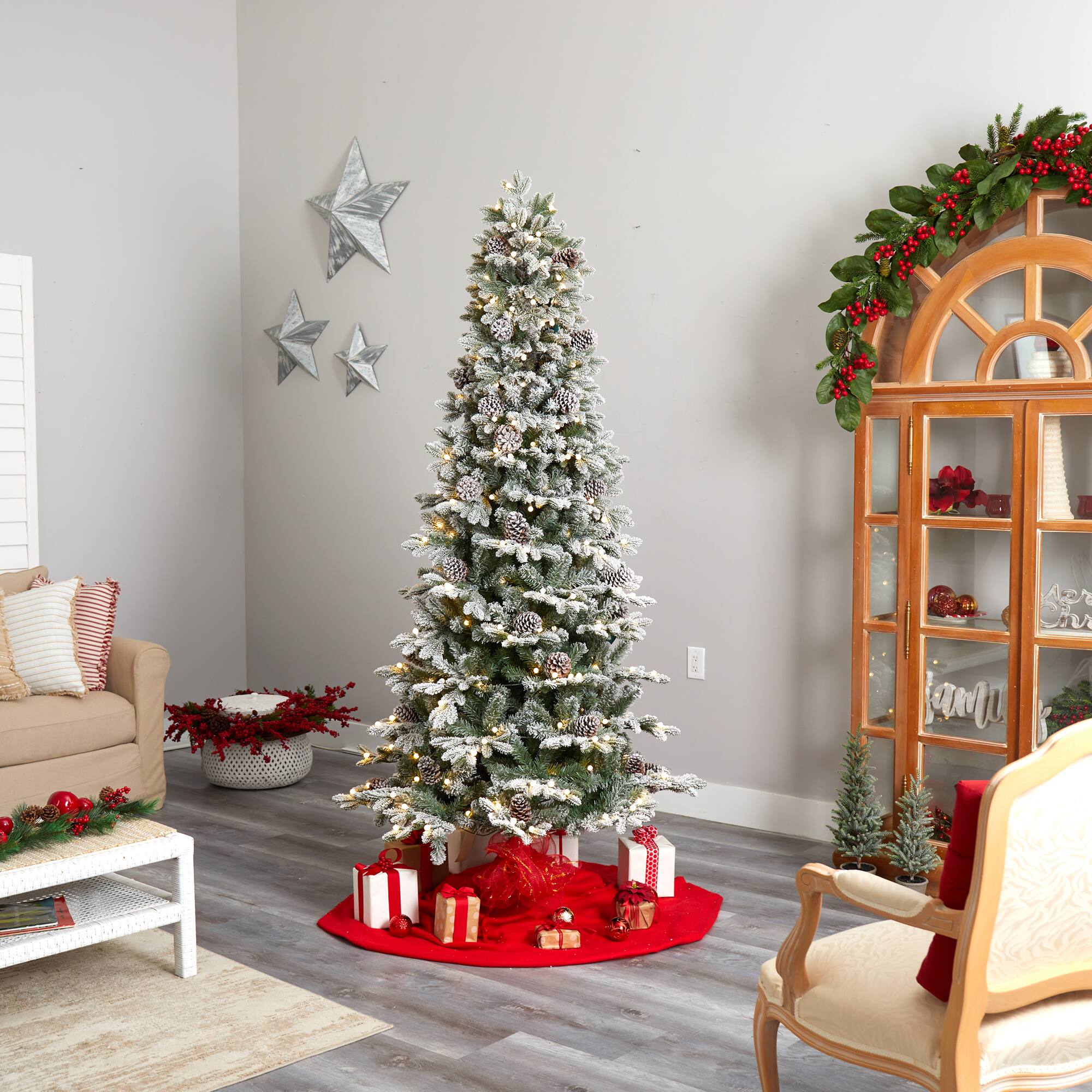 7.5ft. Pre-Lit Flocked Alaskan Artificial Christmas Tree, White LED Lights