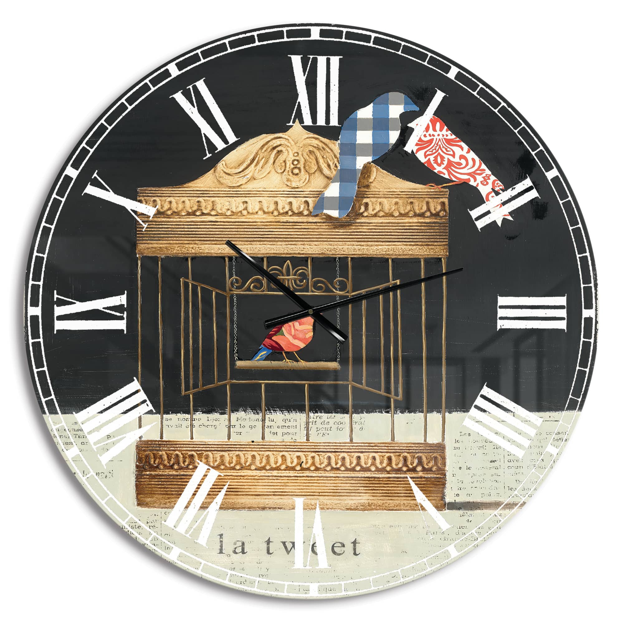 Designart Tweet Gold Birdcage Collage Wall Clock