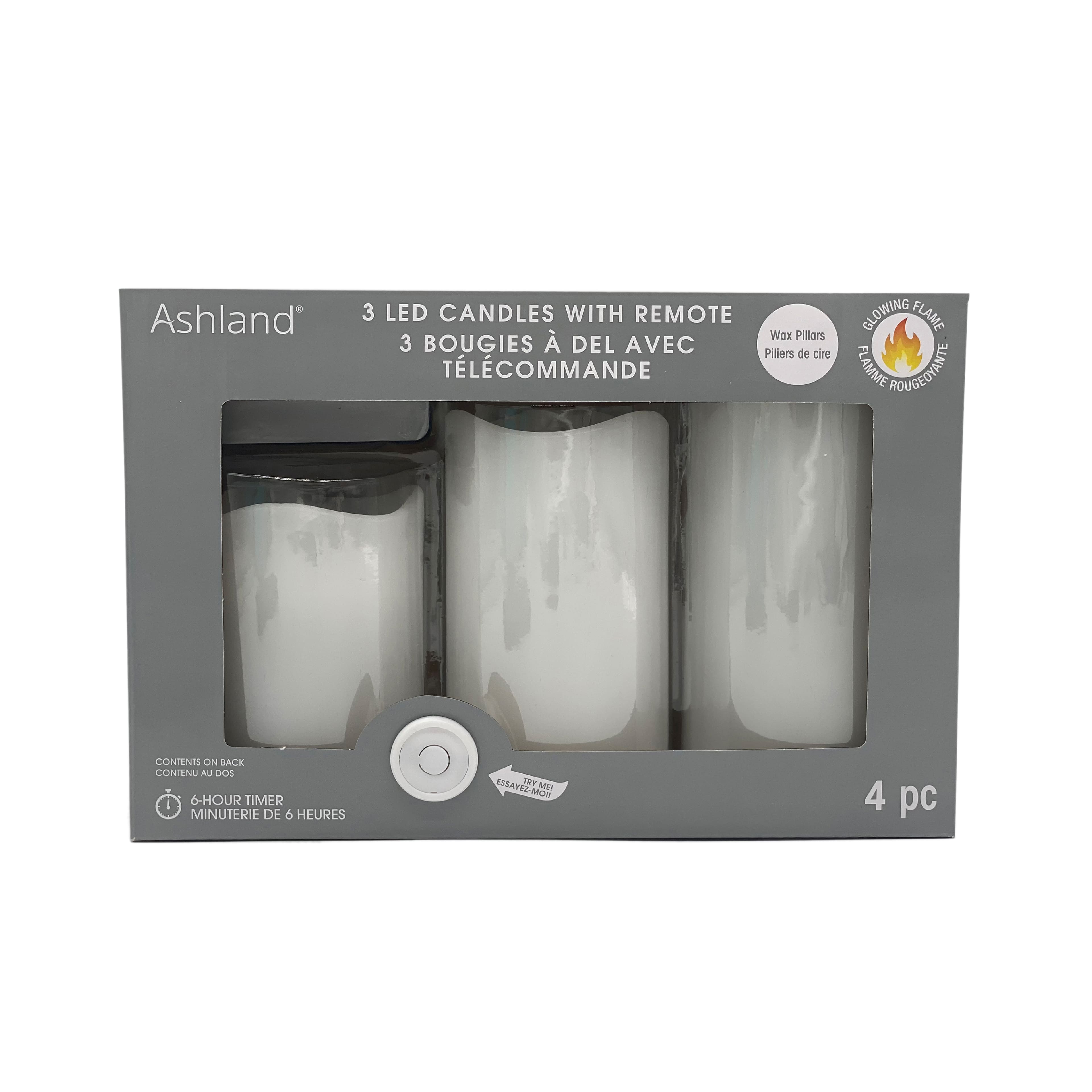 White Glowing Flame LED Wax Pillar Candle Set with Remote by Ashland®