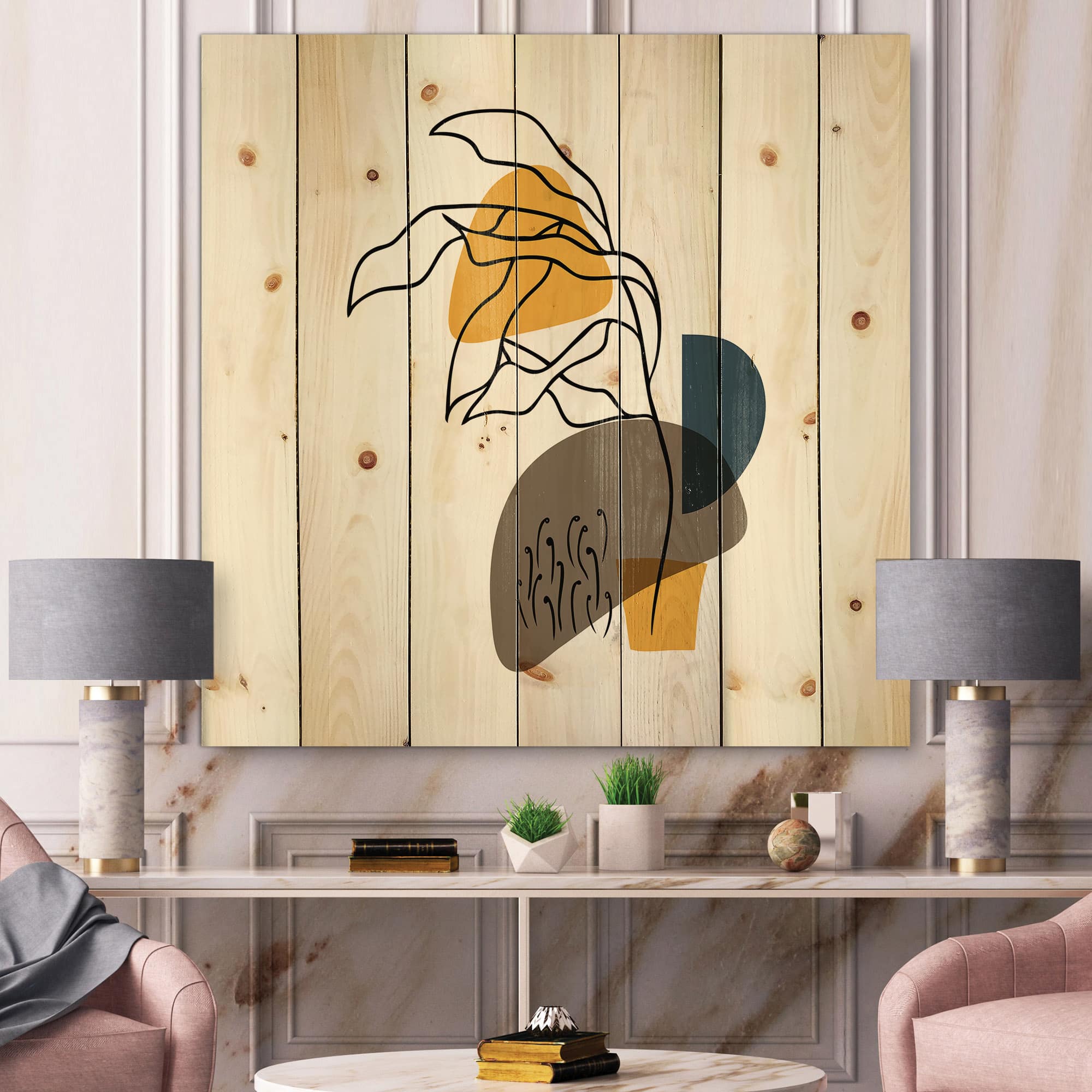Designart - Abstract Flowers On Minimal Shapes V - Modern Print on Natural Pine Wood