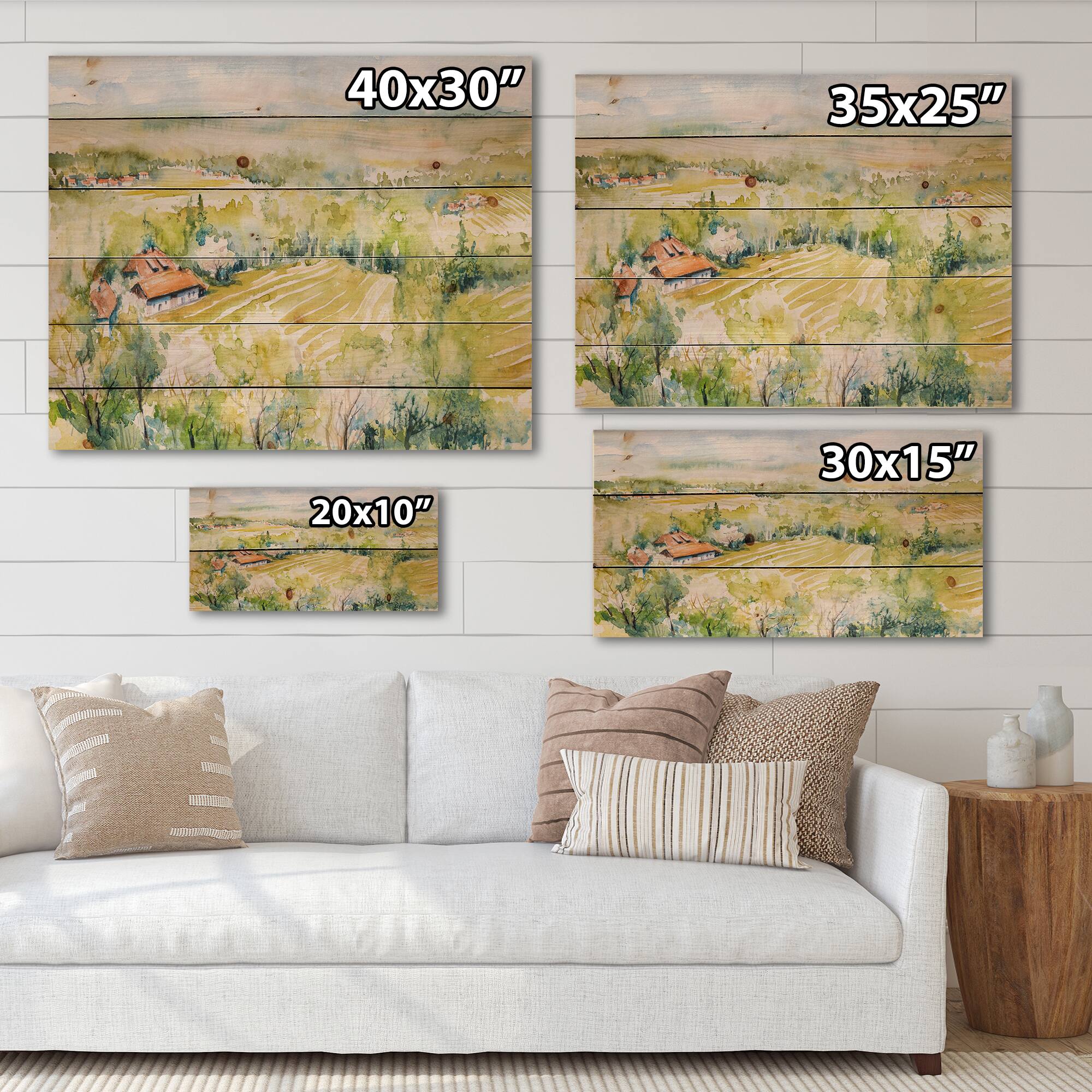 Designart - Blossoming Green Fields In Countryside - Country Print on Natural Pine Wood