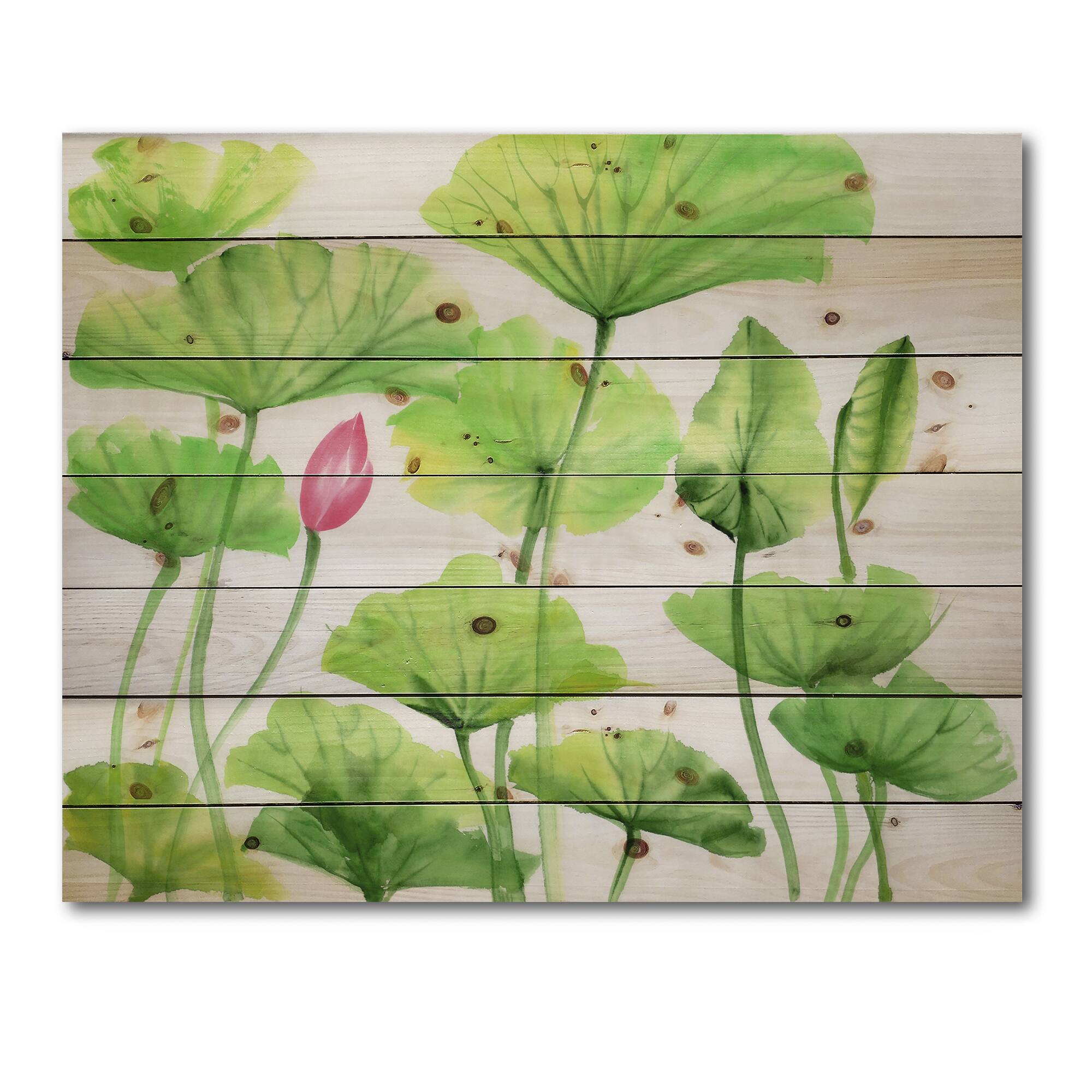 Designart - Vintage Pink Lotuses In The Pond VIII - Traditional Print on Natural Pine Wood