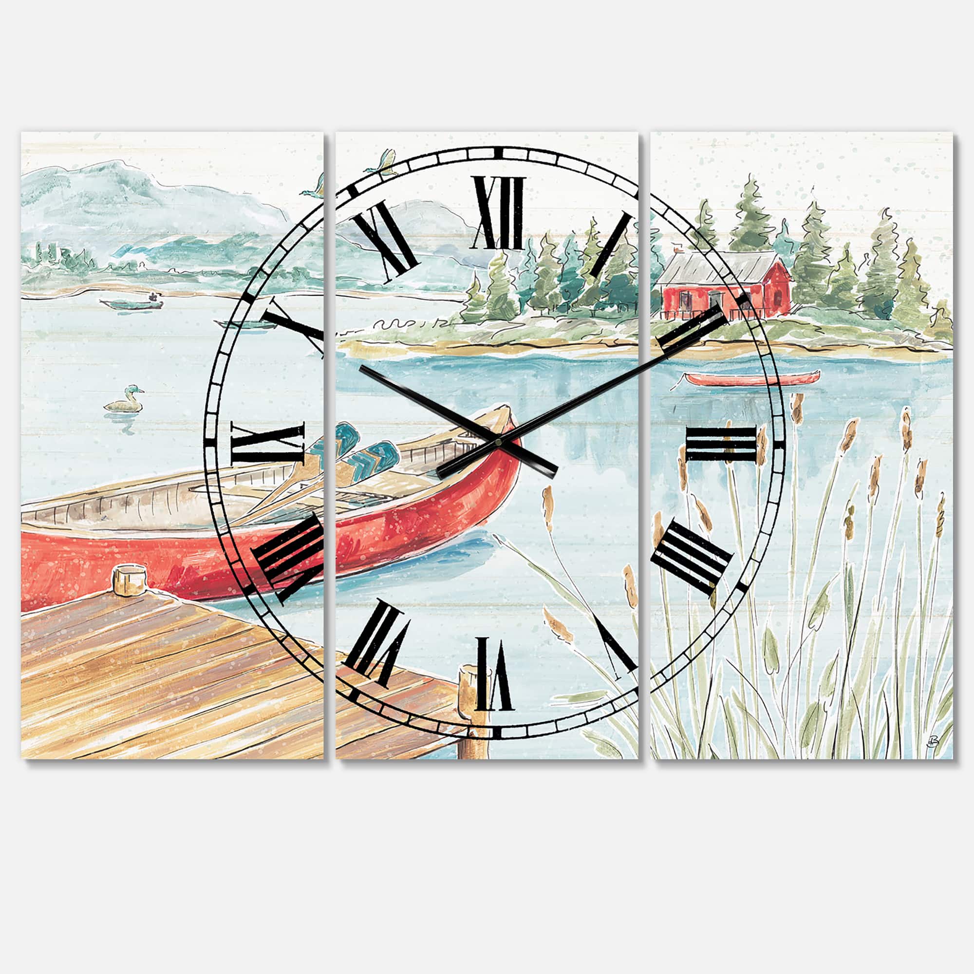 Designart Lake House Canoes I 3 Panel Wall Clock