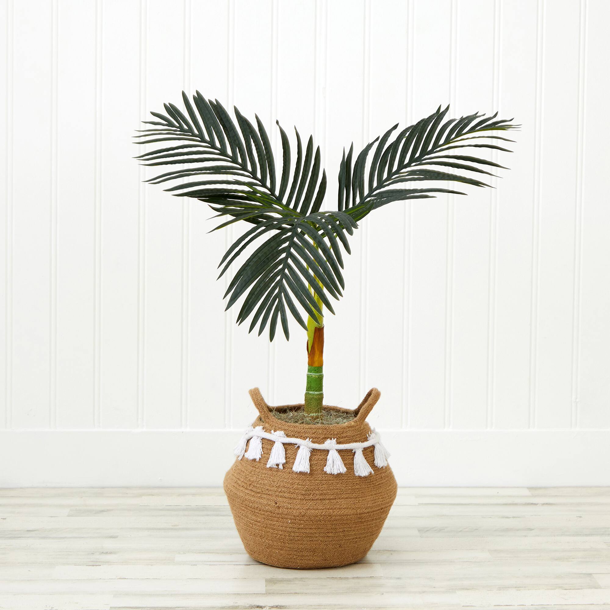 3ft. Artificial Golden Cane Palm Tree with Handmade Jute & Cotton Basket with Tassels