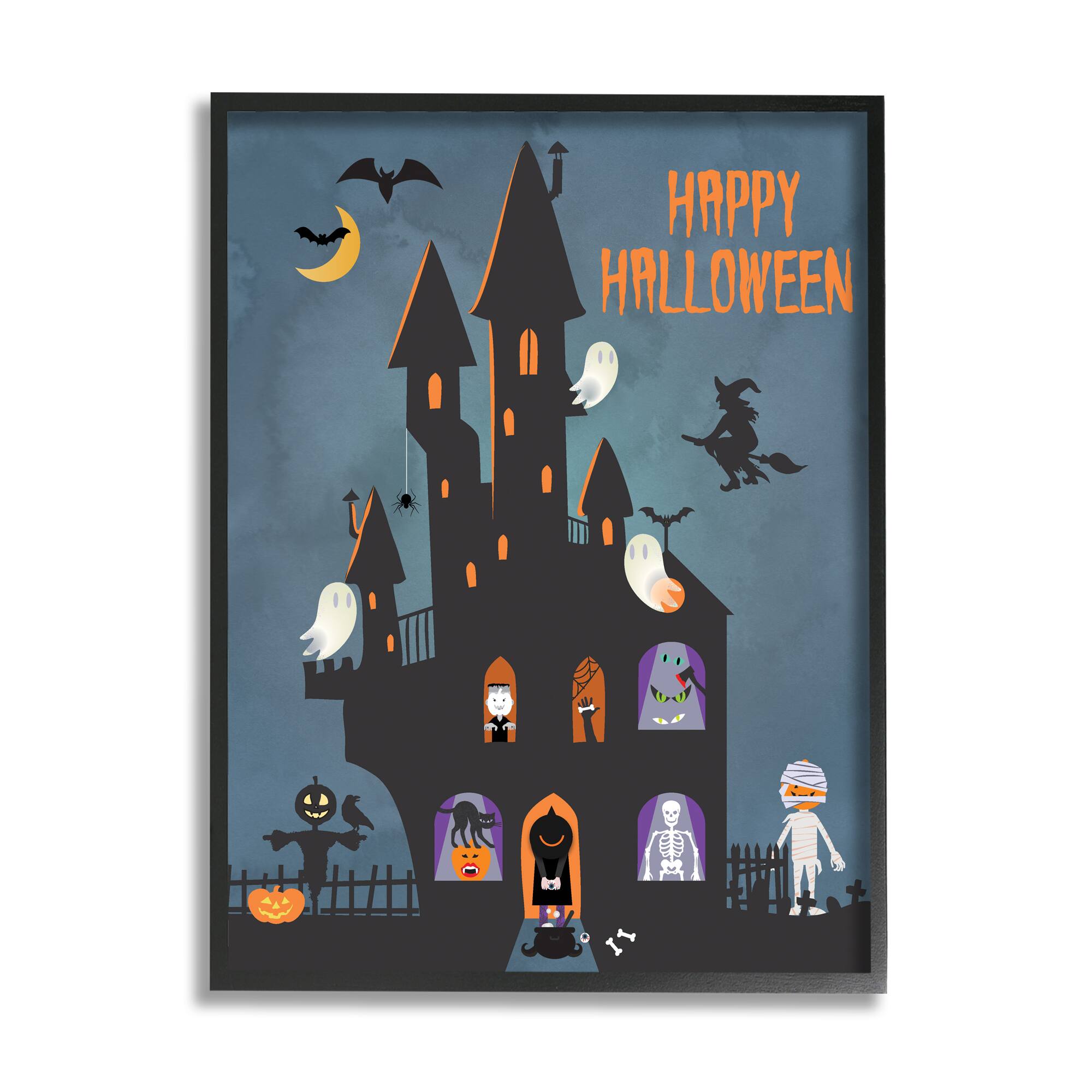 Stupell Industries Happy Halloween Haunted Ghost House Framed Giclee Art