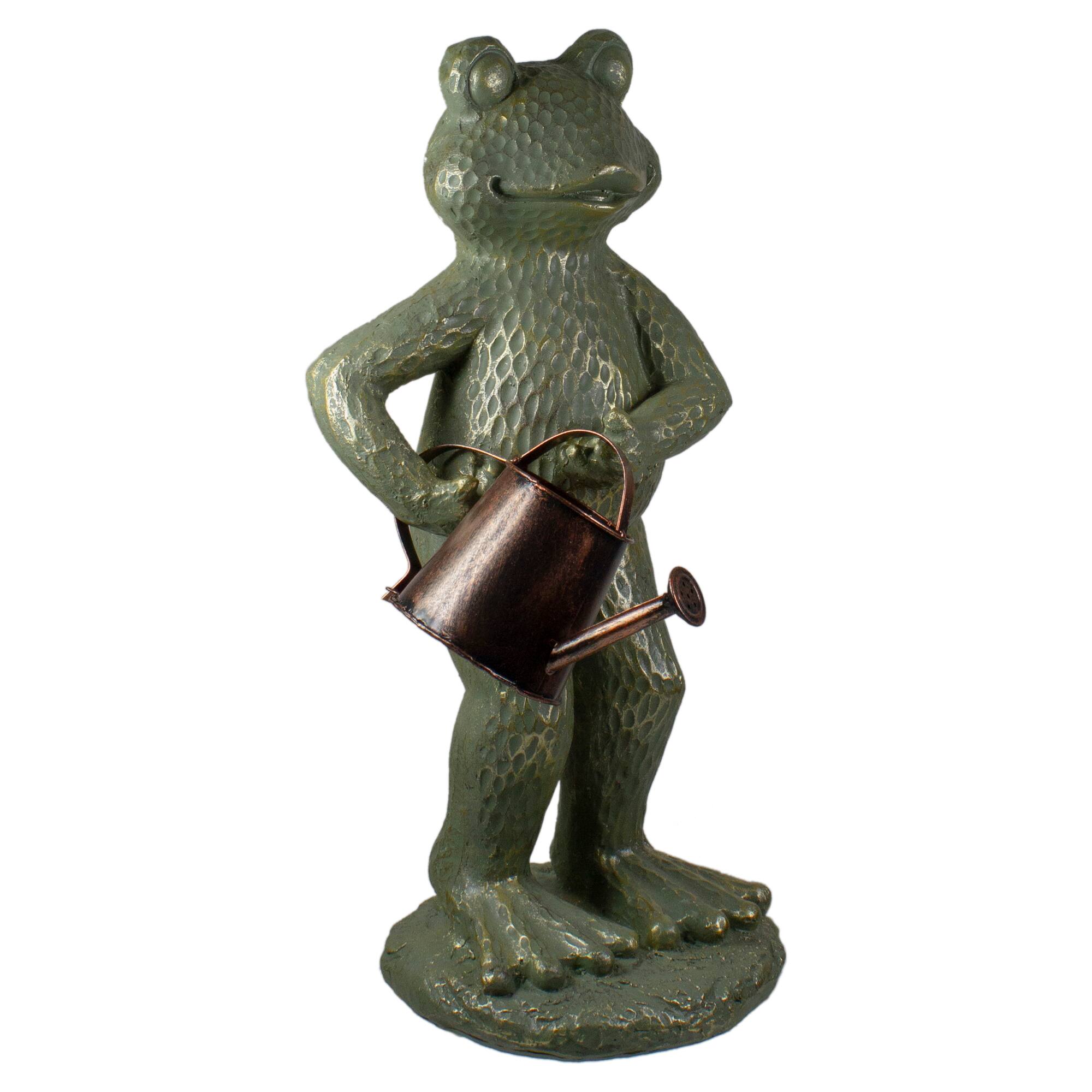 17&#x22; Gold Verdigris Frog with Watering Can Outdoor Garden Statue