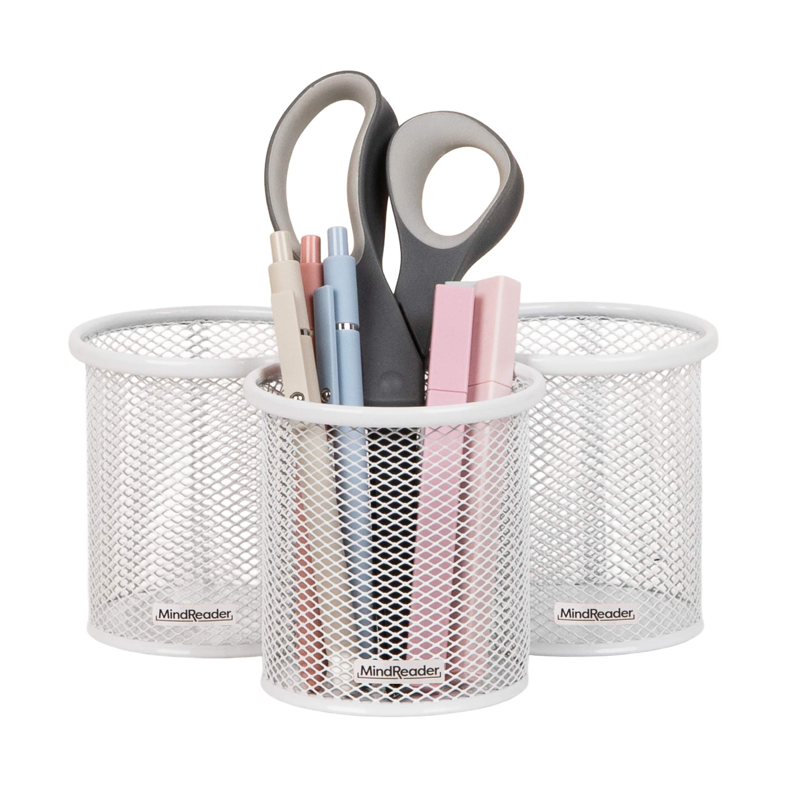 Mind Reader Pen and Accessories Holder, Desktop Organizer, Office, Metal Mesh, Set of 3, White
