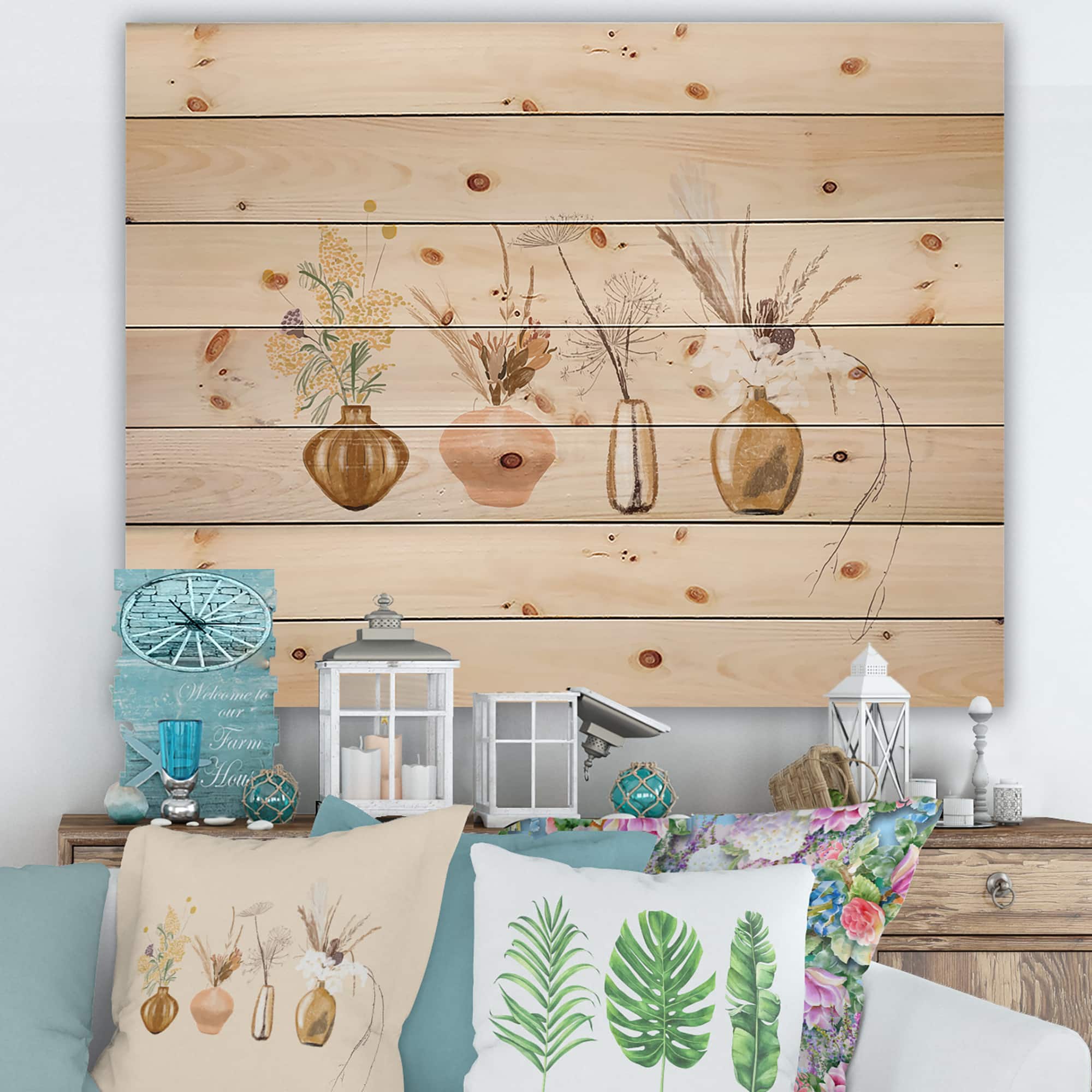 Designart - Bouquets Of Wildflowers In Gold Vases II - Traditional Print on Natural Pine Wood