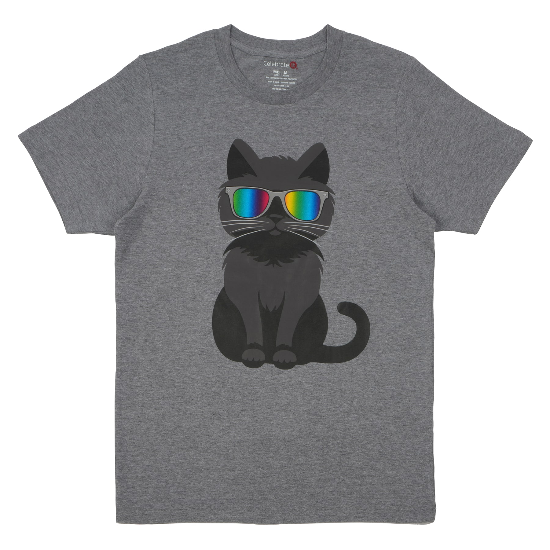Pride Dark Gray Rainbow Shades Cat Adult Crew Neck T-Shirt by Celebrate It&#x2122;