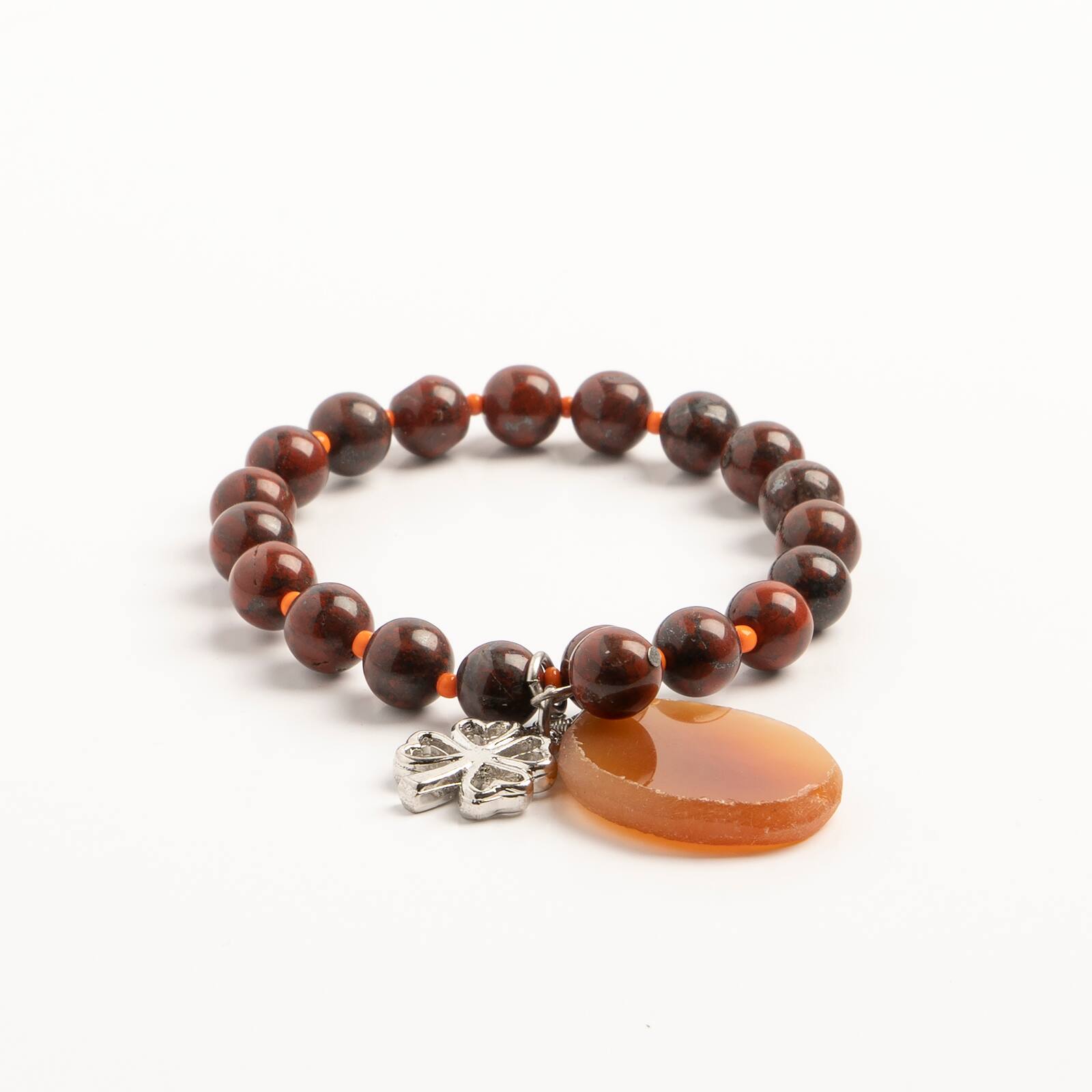 John Bead Red Jasper Stretch Bracelet with Agate & Clover Charms
