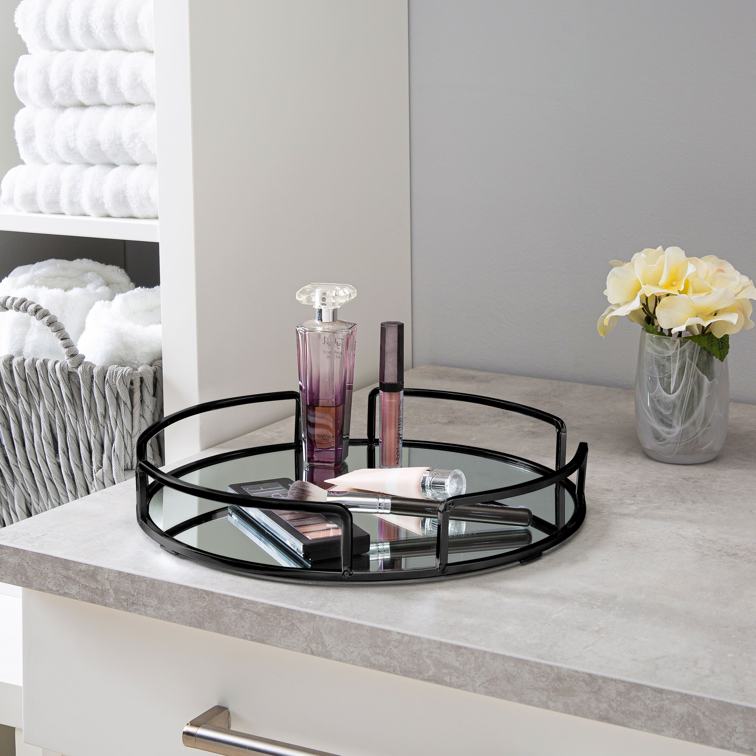 Home Details Matte Black Modern Round Design Mirror Vanity Tray