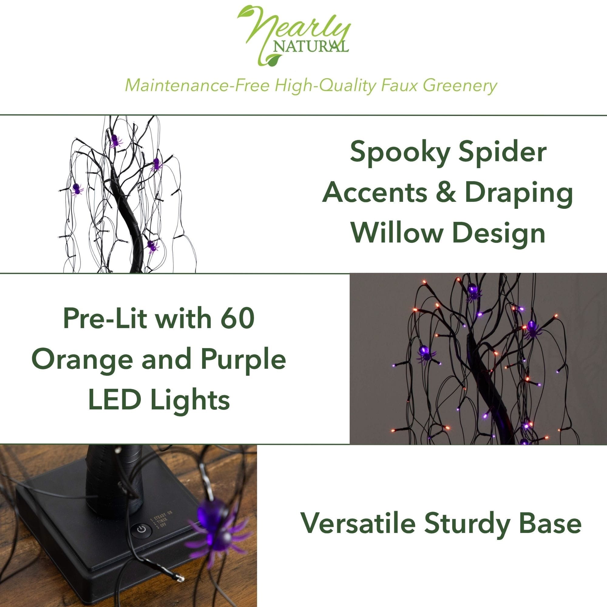 2ft. Pre-Lit Halloween Artificial Black Spooky Spider Willow Tree with 60 Orange &#x26; Purple LED Lights