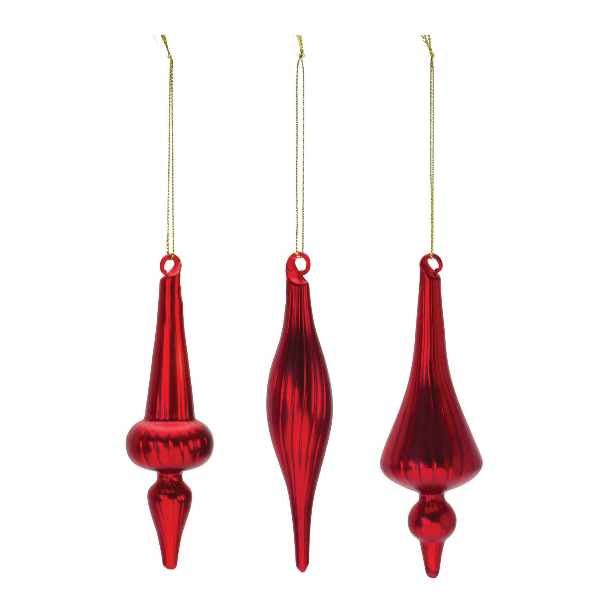 6&#x22; Red Ribbed Glass Finial Ornament Set