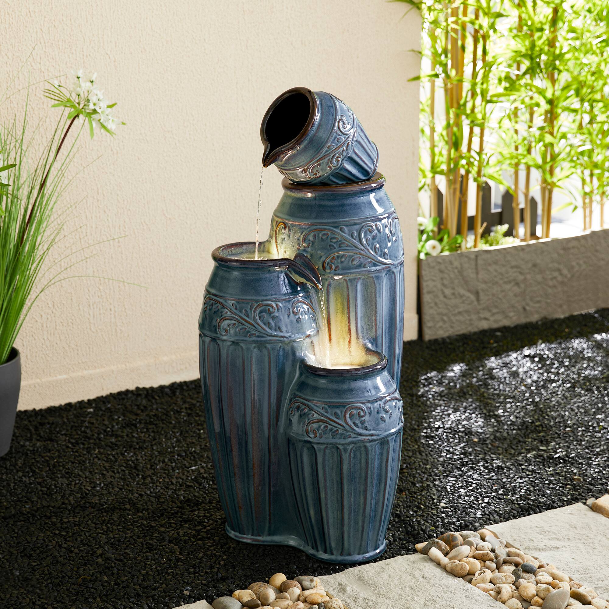 Glitzhome® 35.5" 4-Tier LED Turquoise Embossed Ceramic Pots Outdoor Floor Fountain