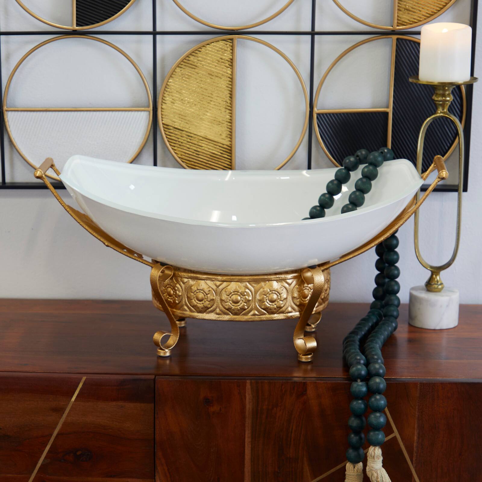 CosmoLiving by Cosmopolitan 24" White Glass Kitchen Serving Bowl with Gold Metal Scroll Stand