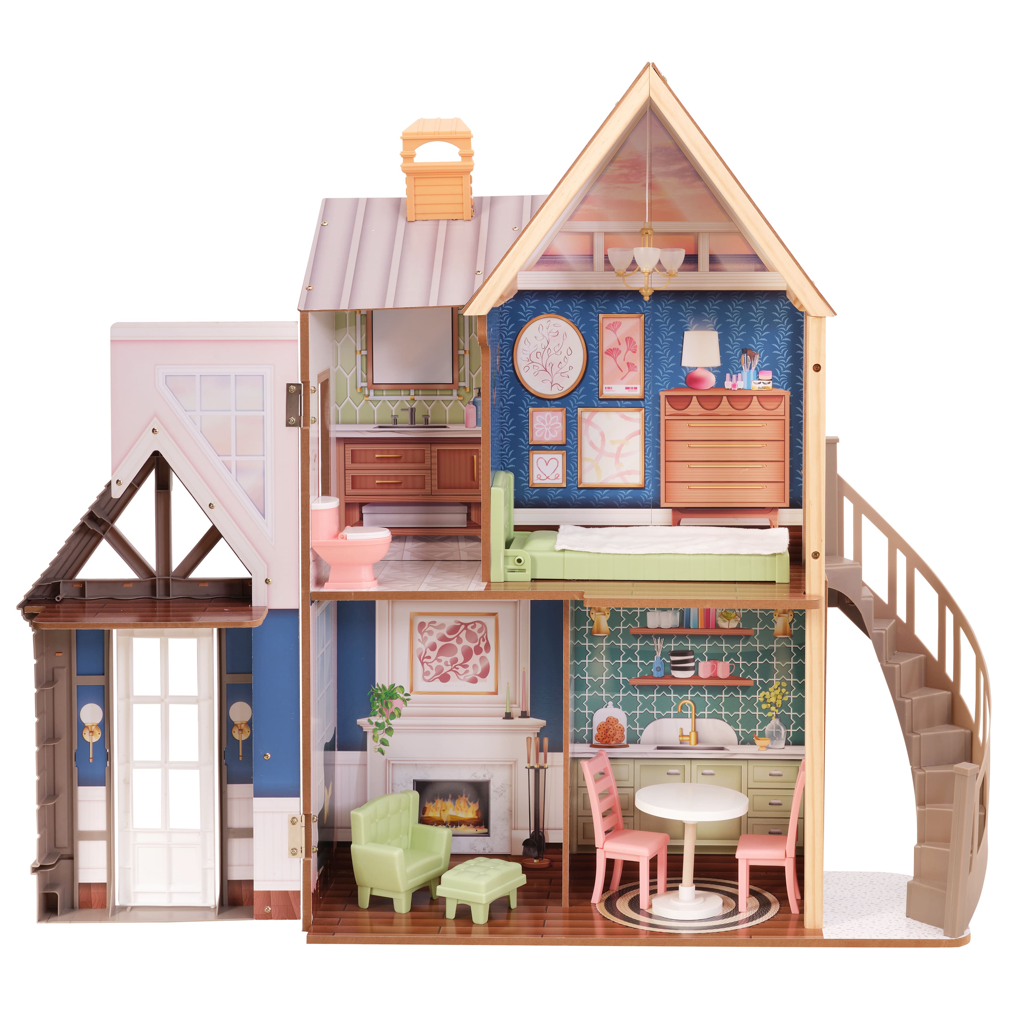 KidKraft Modern Charm Wooden Dollhouse with Open & Close Front & 7 Accessories