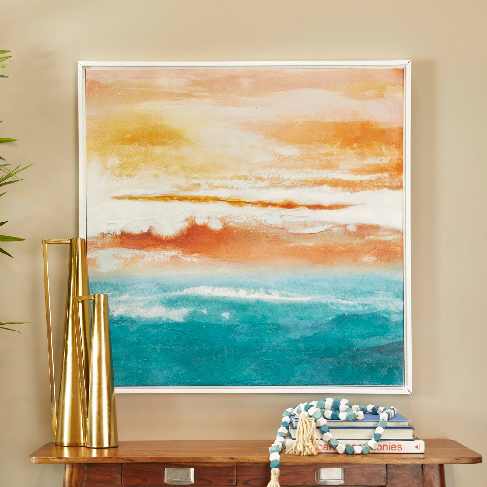 Multi Colored Canvas Abstract Sunset Landscape Framed Wall Art with White Frame 37&#x22; x 1&#x22; x 37&#x22;