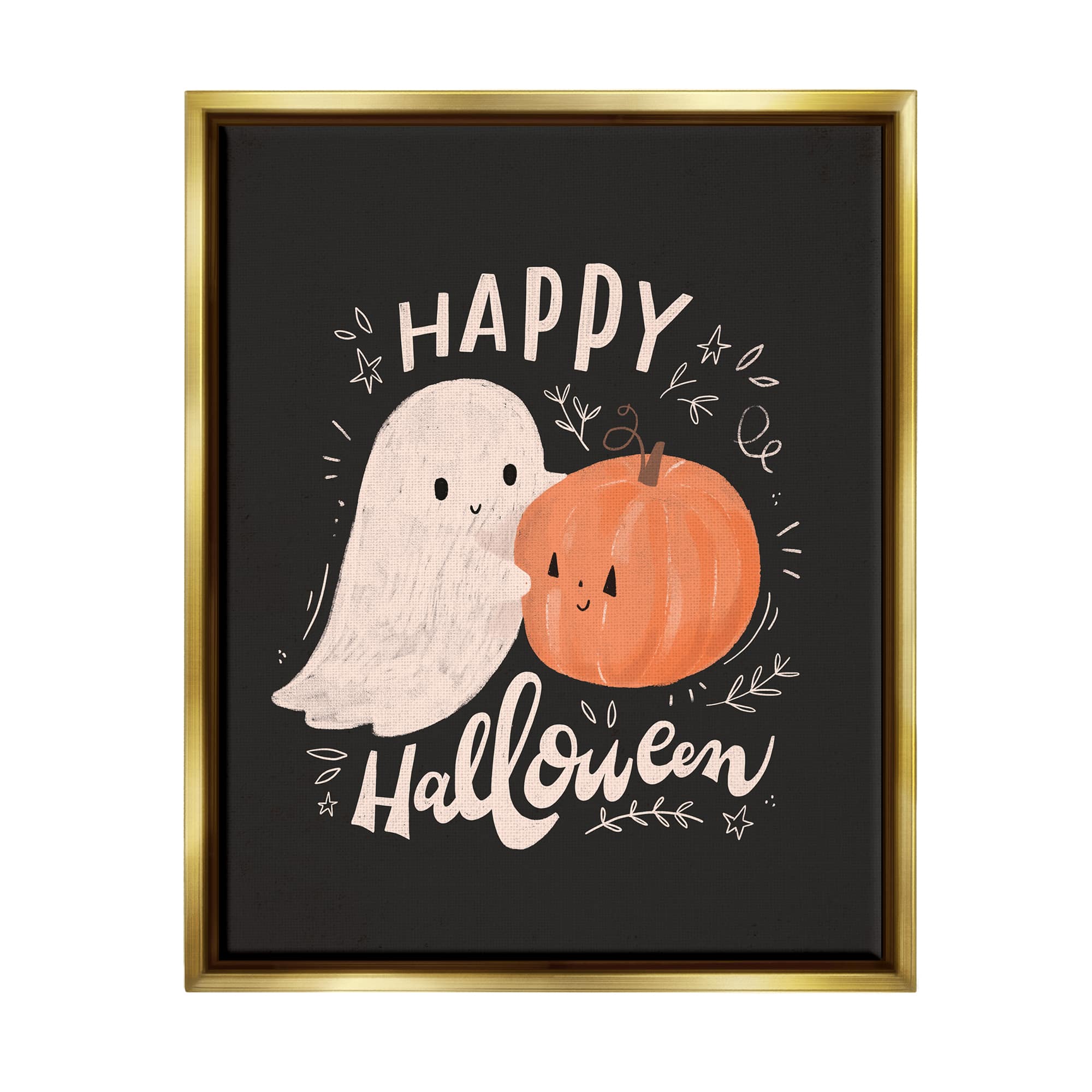 Stupell Industries Happy Halloween Smiling Ghost Pumpkin Framed Floater Canvas Wall Art