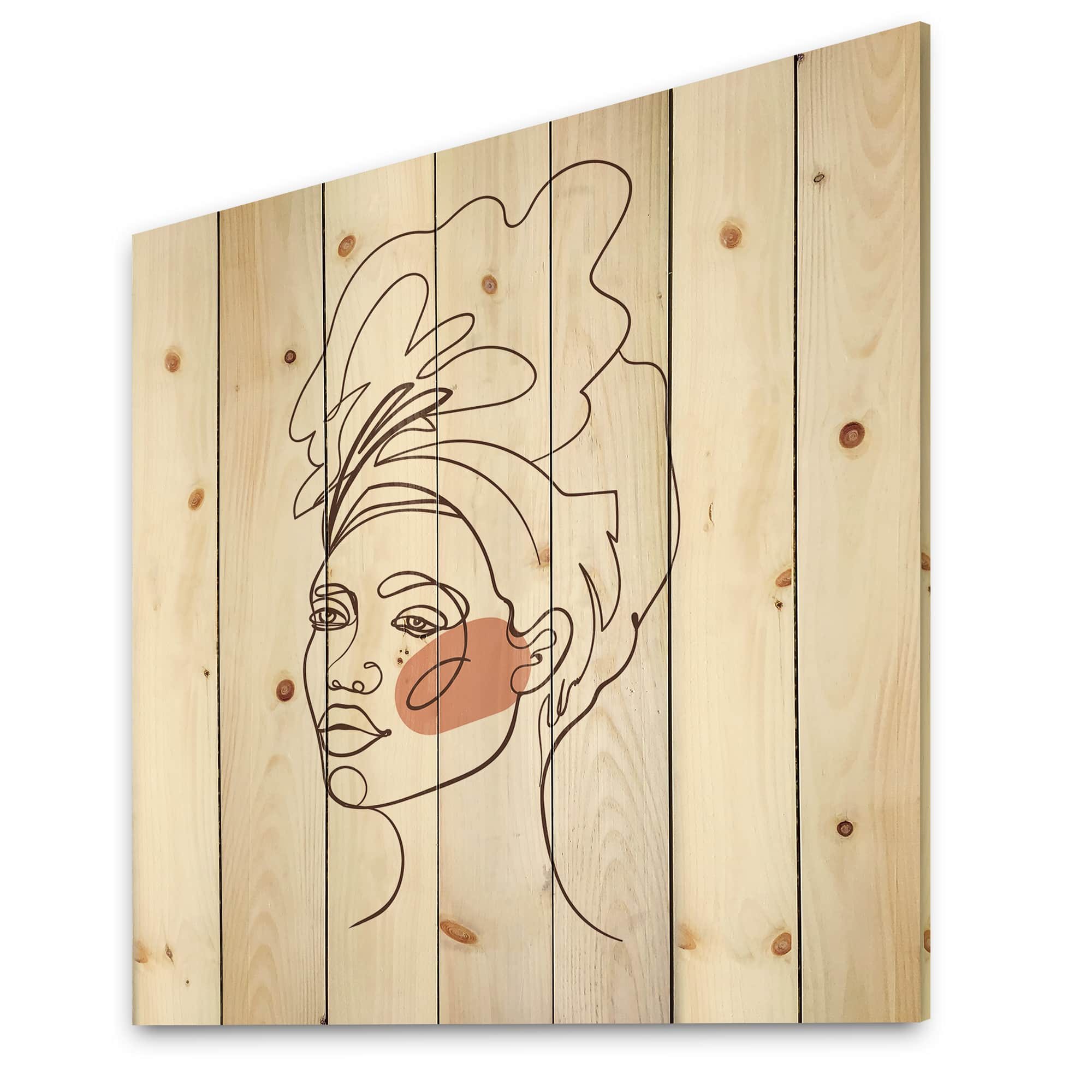 Designart - One Line Portrait of African American Woman III - Modern Print on Natural Pine Wood