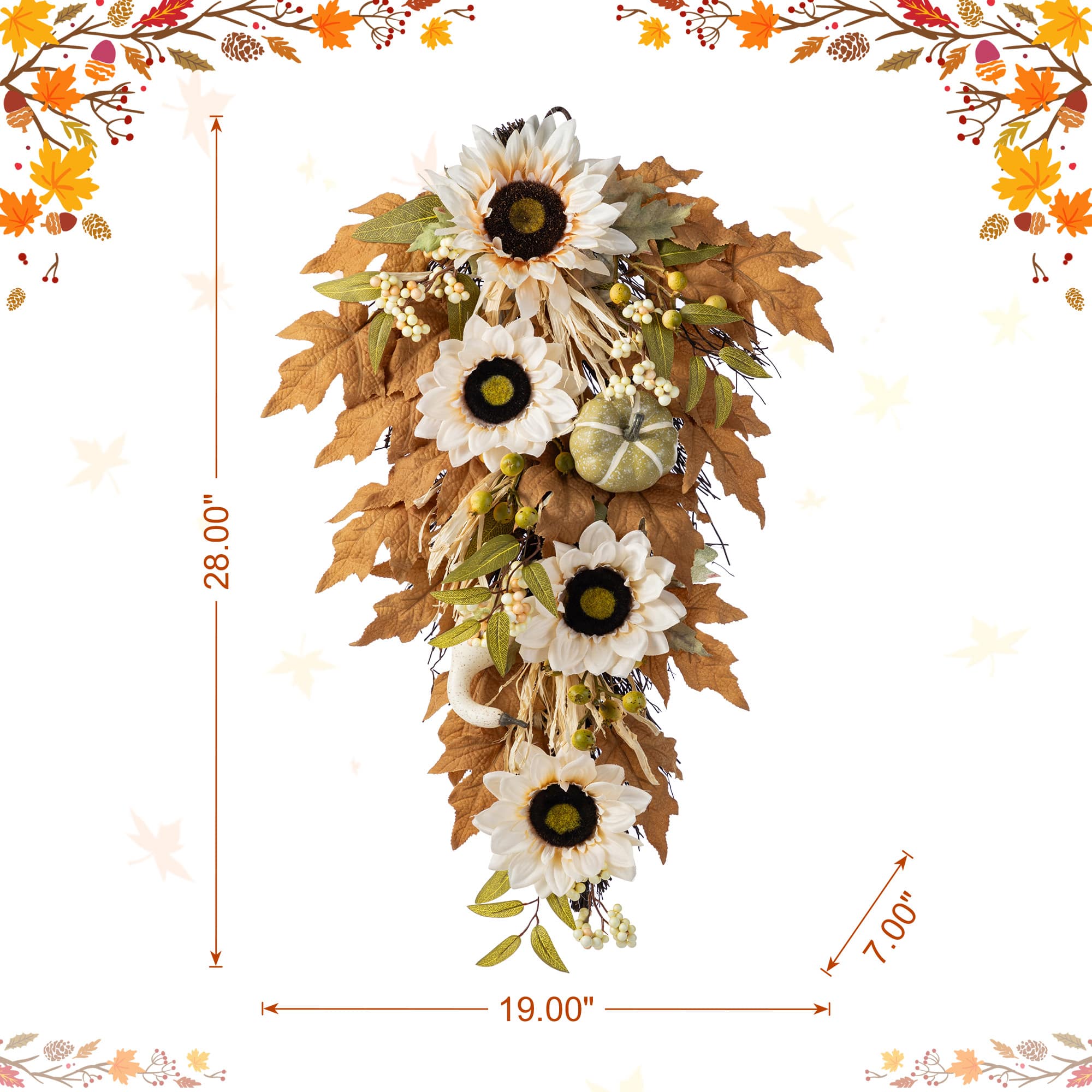 Glitzhome&#xAE; 28&#x22; Fall Neutral Sunflower, Pumpkin and Leaf Swag