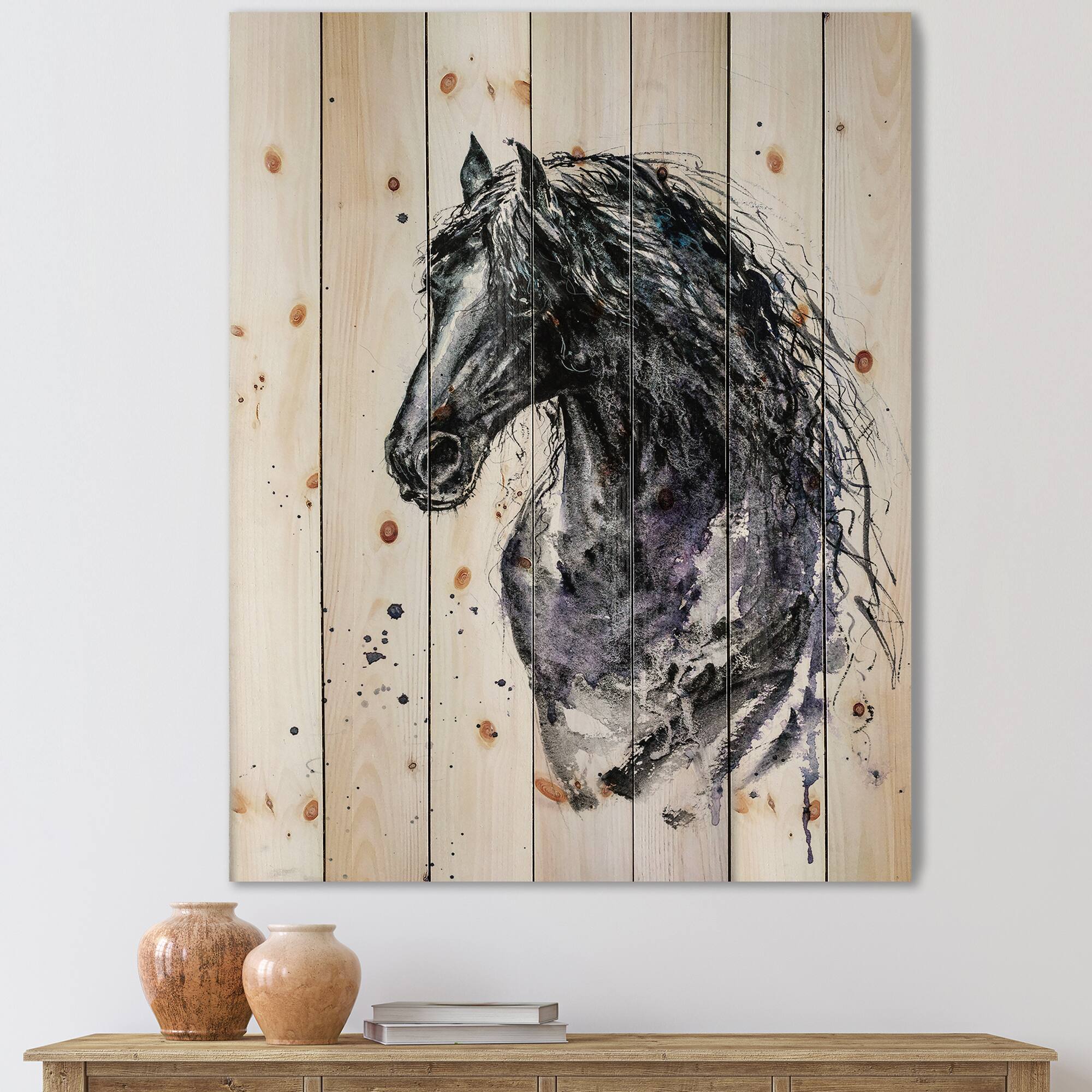 Designart - Portrait of Friesian Horse With Long Manes - Farmhouse Print on Natural Pine Wood