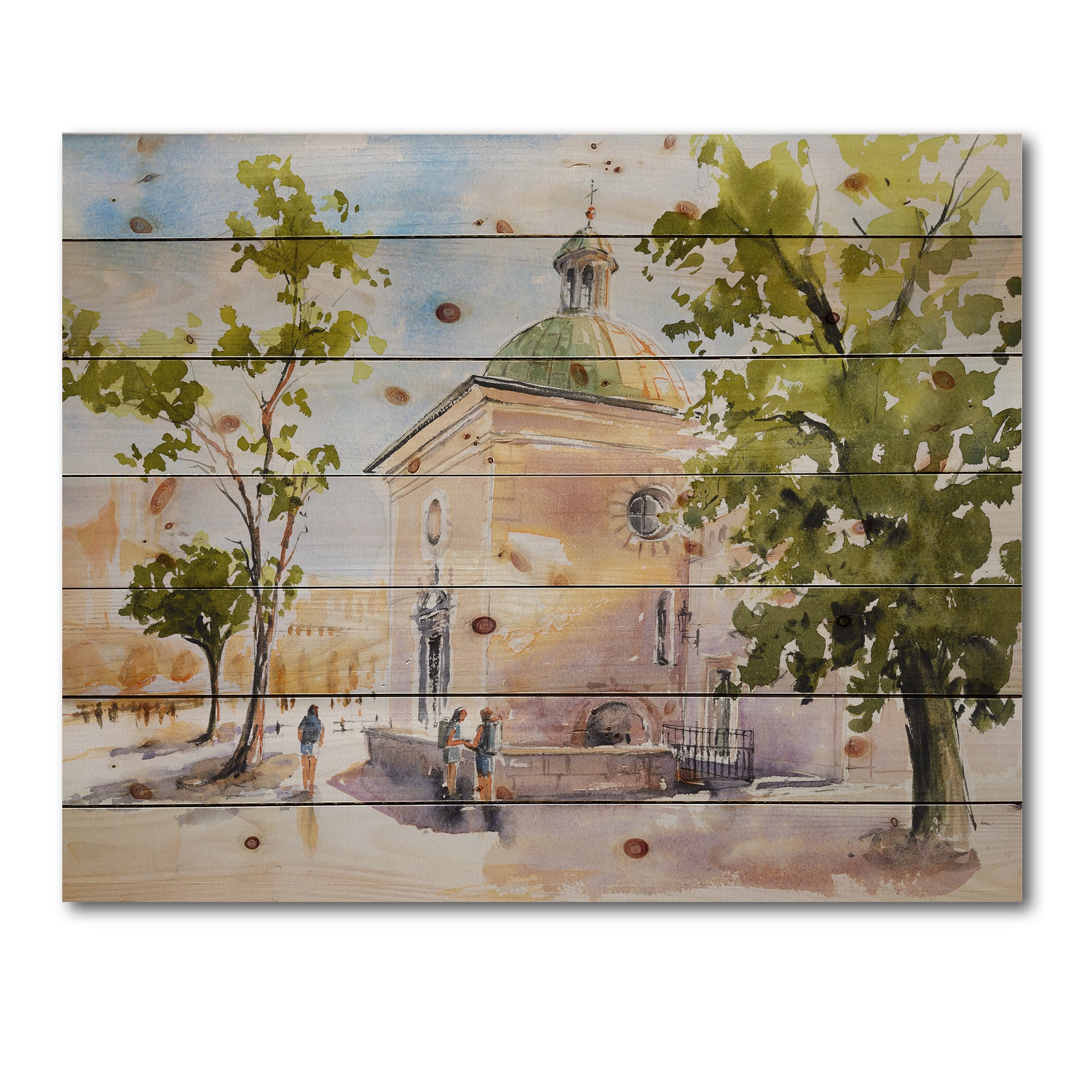 Designart - Rustic Church In The Village - Country Print on Natural Pine Wood