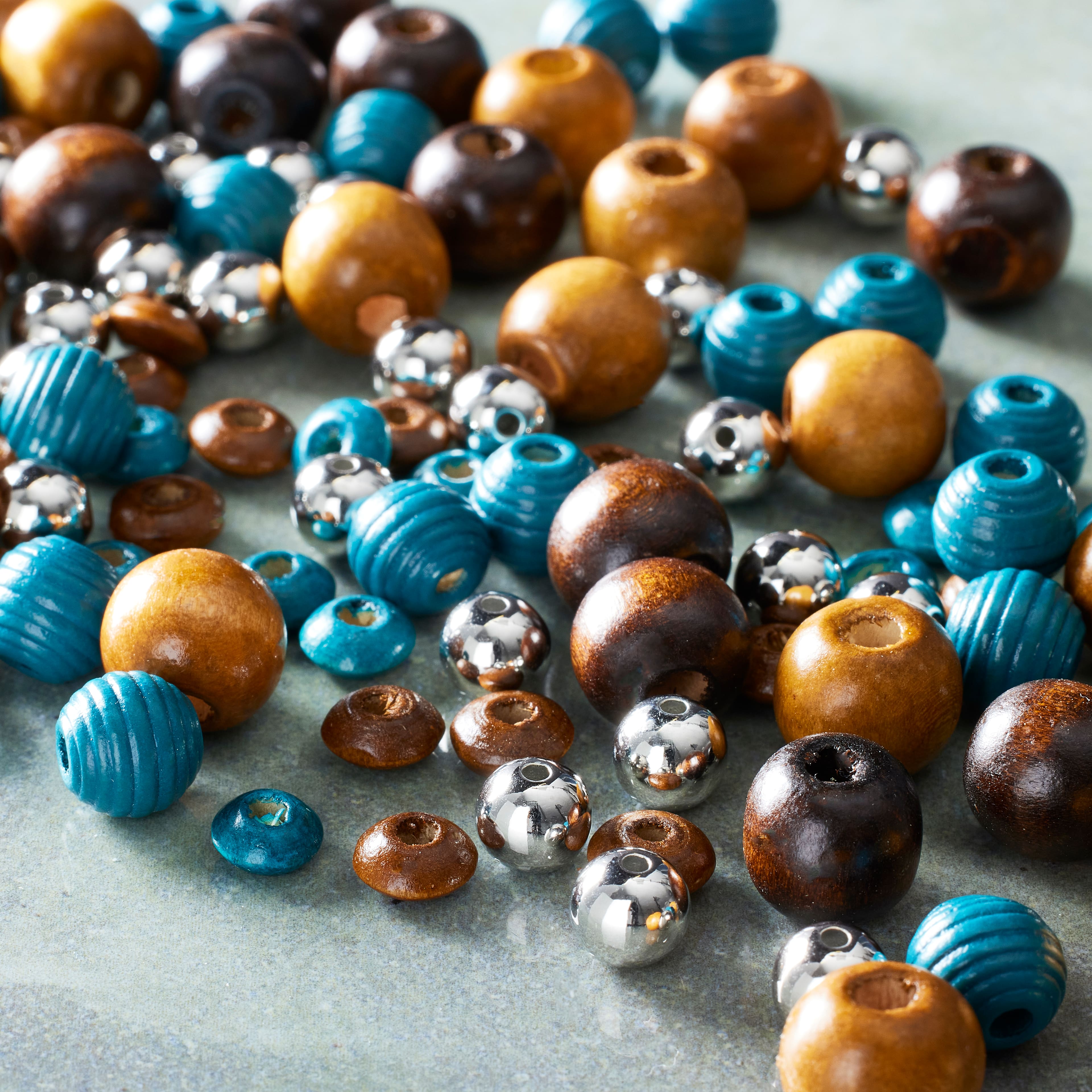 12 Pack: Craft Brown &#x26; Turquoise Mixed Wooden Beads by Bead Landing&#x2122;