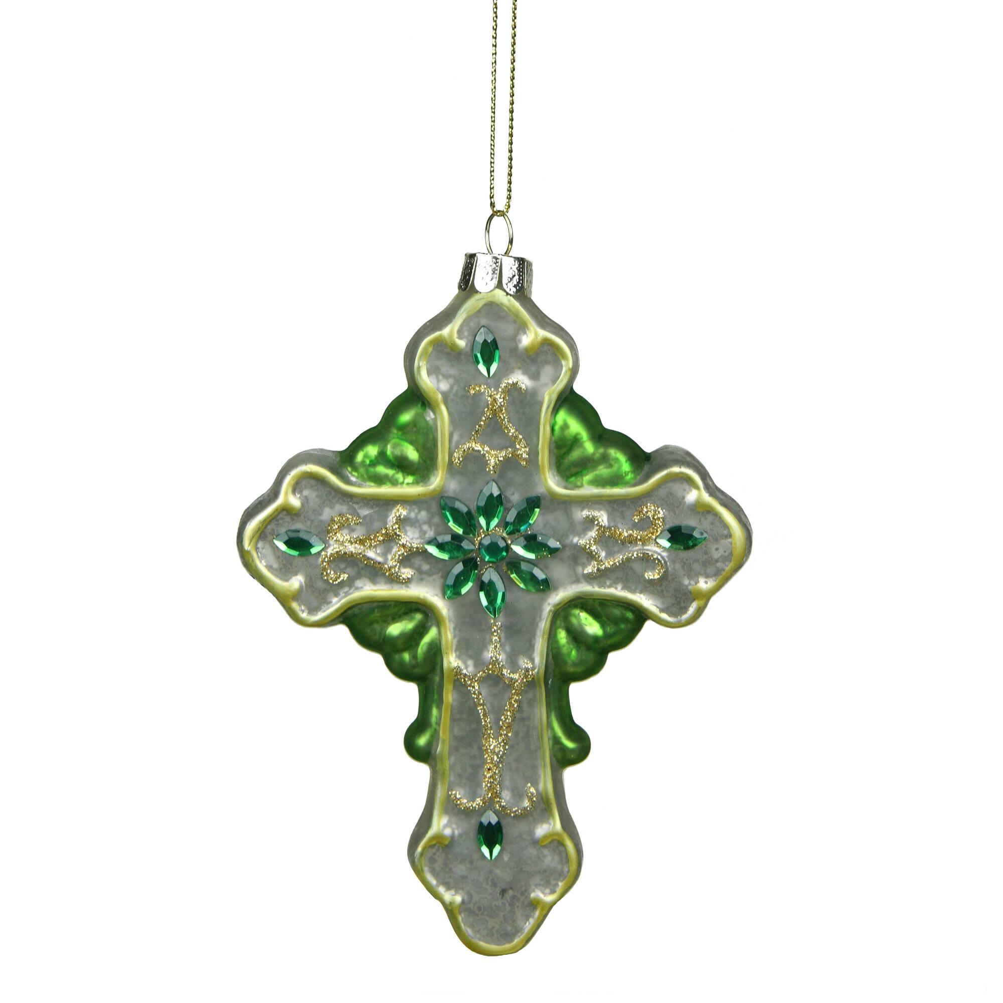 5" Luck of the Irish Green & White Mercury Glass Cross Christmas Ornament