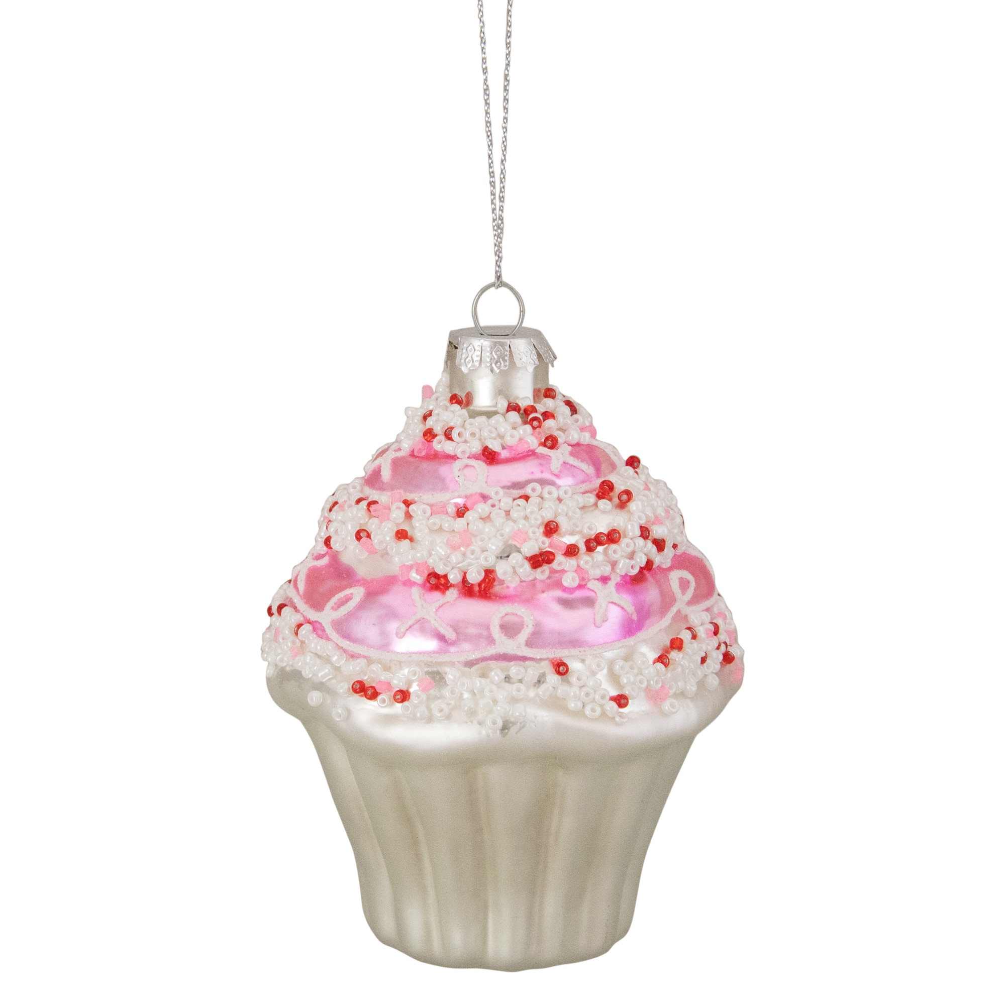 4&#x22; Pink &#x26; White Cupcake with Sprinkles Glass Ornament