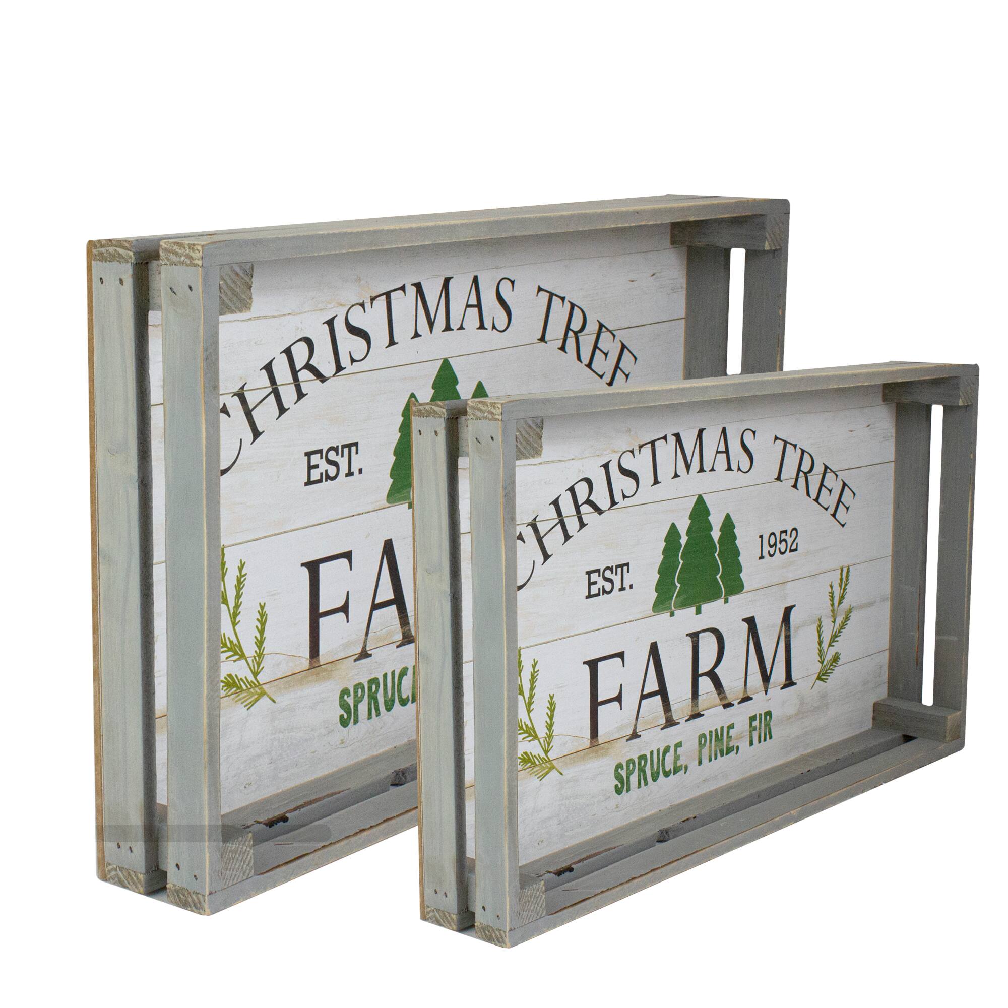 Gray &#x26; White Farm Fresh Christmas Trees Wooden Tray Hanging Sign Set