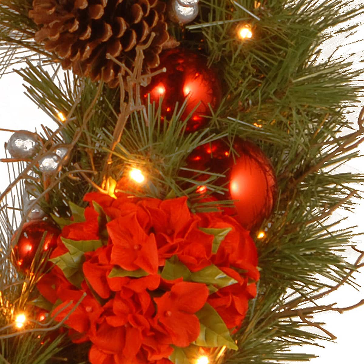 24" Decorative Collection Hydrangea Wreath with Cones, Red Berries & 50ct. Soft White Battery Operated LED Lights with Timer