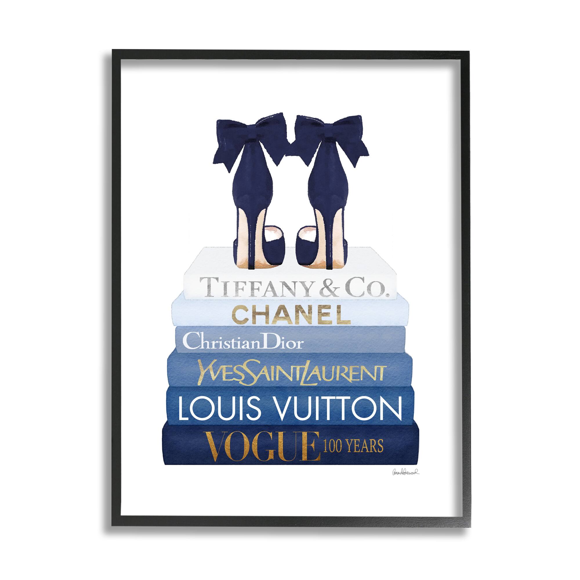 Stupell Industries Navy Blue Bow Heels Chic Glam Bookstack, Designed by Amanda Greenwood White Framed Wall Art, 16 x 20